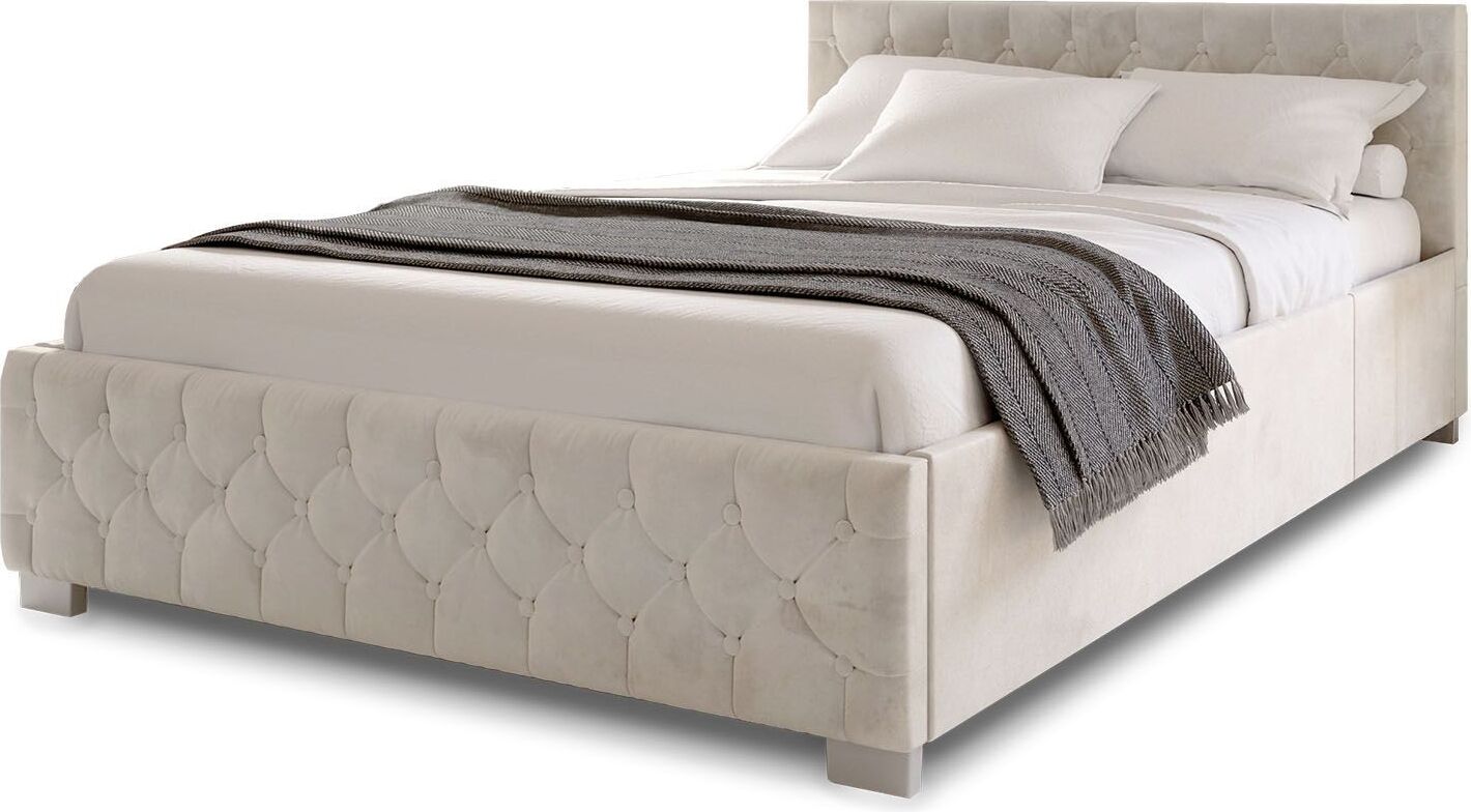 Juskys Polsterbett Nizza 120x200 cm Beige - Bettgestell mit Lattenrost, Stauraum & LED Beleuchtung - Bett mit Samtbezug & Chesterfield-Steppung 300251