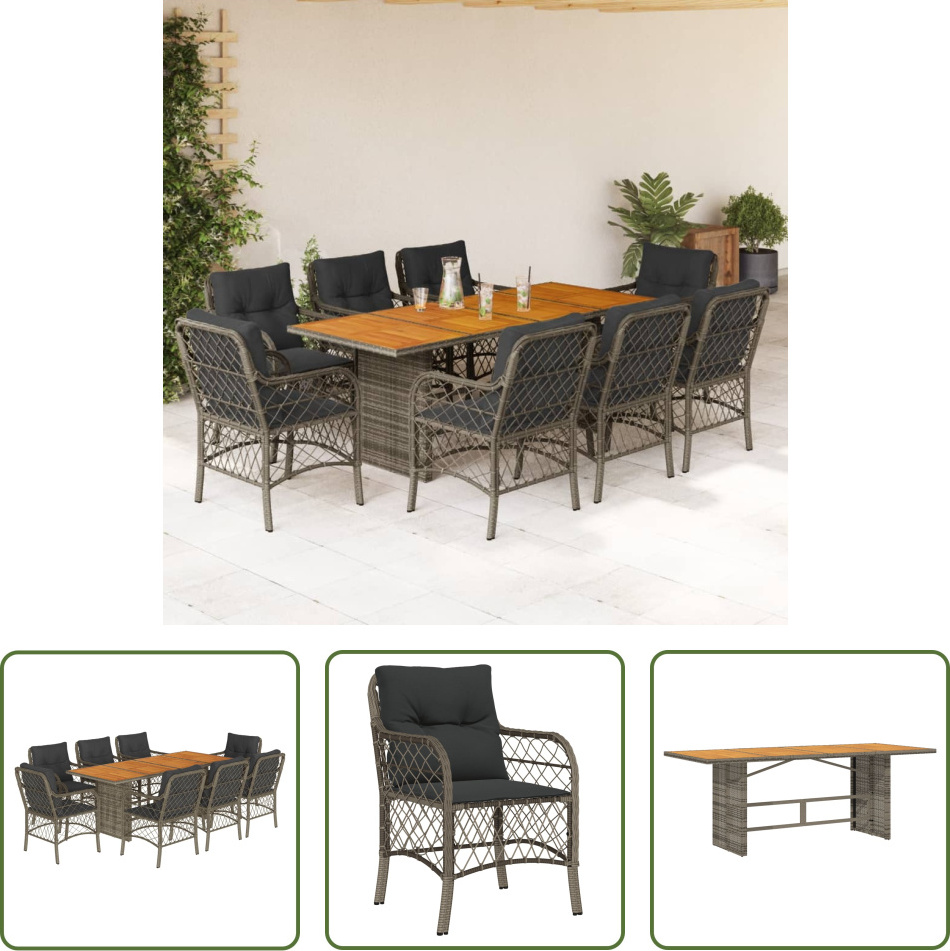 The Living Store 9-dielny záhradný jedálenský set s vankúšmi sivý polyratan