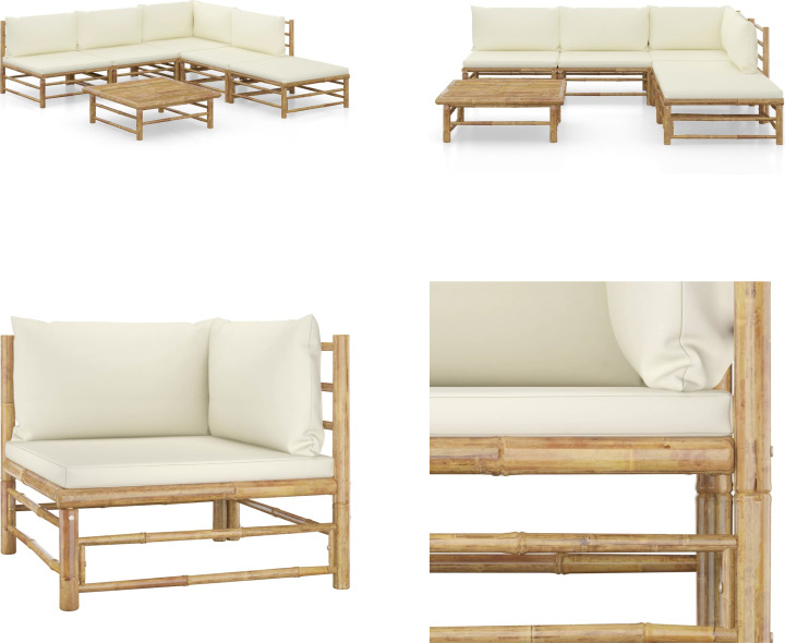 vidaXL 6-dielna záhradná súprava s krémovo bielymi vankúšmi bambus - Záhradná súprava - Záhradné súpravy - Záhradný nábytok - Súprava záhradného nábytku