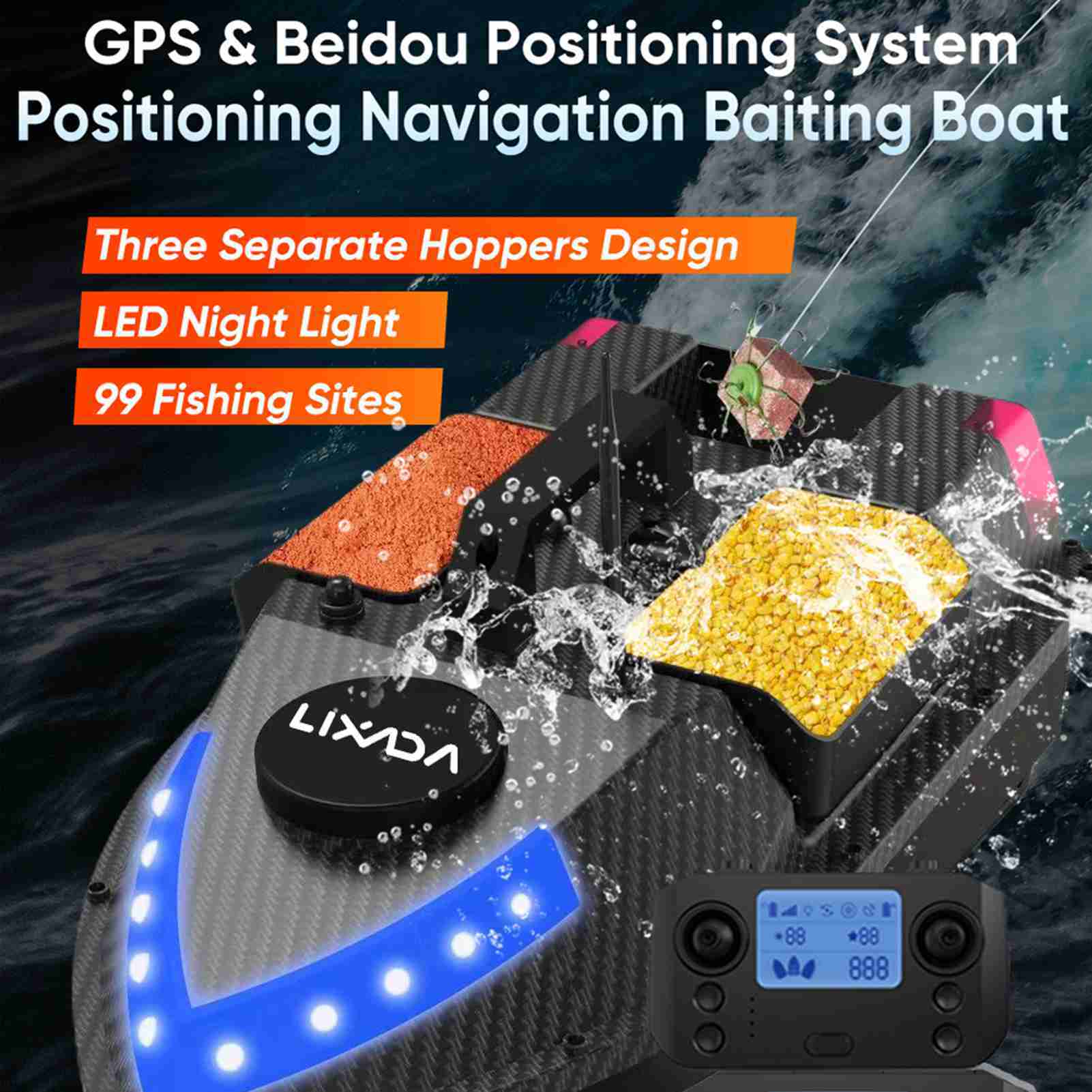 Rybársky čln s návnadou, RC čln s návnadou, GPS rybársky čln s návnadou, čln s návnadou na diaľkové ovládanie, RC čln s návnadou s LED svetlami