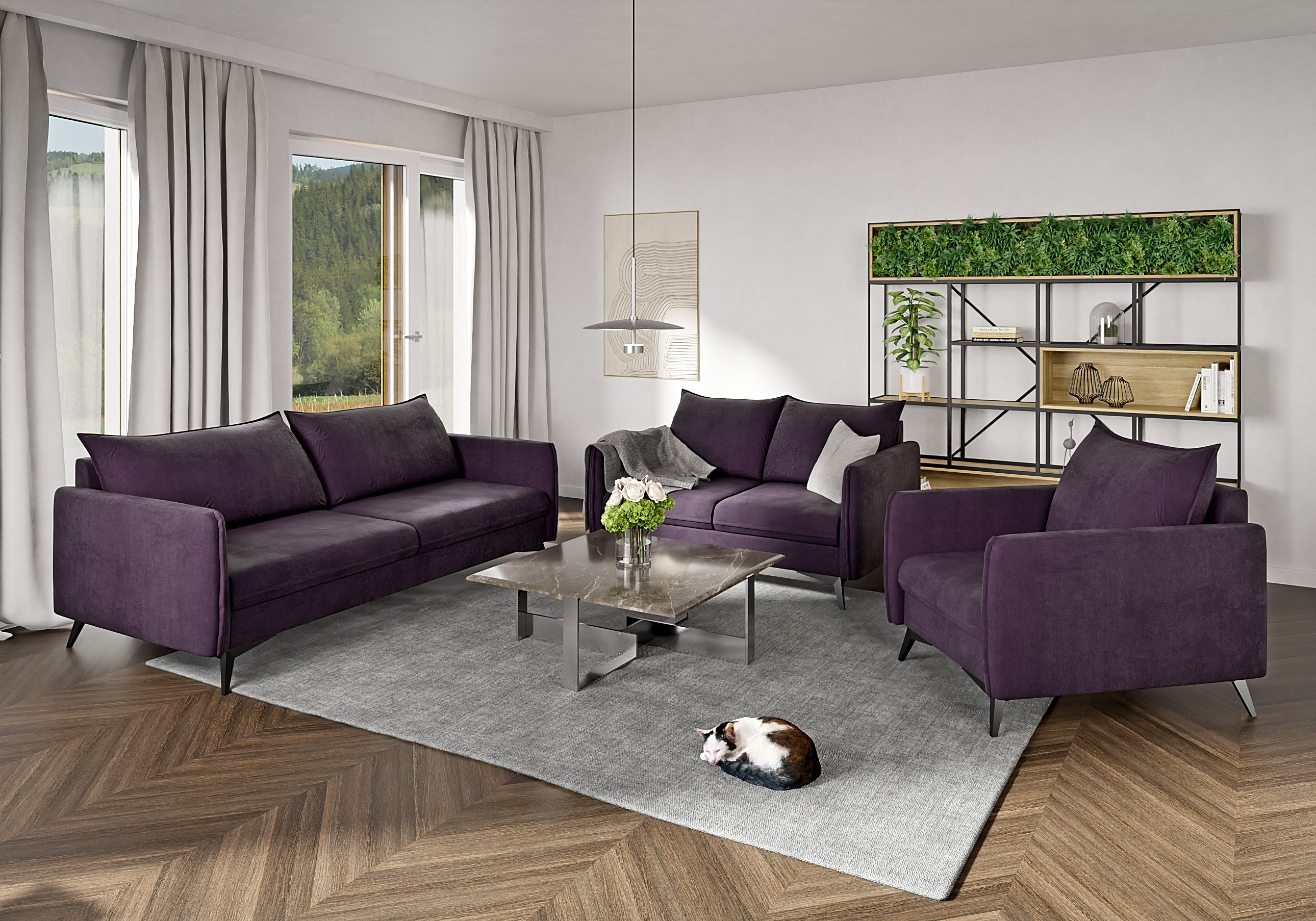 S-STYLE MÖBEL - Helix - Moderne Polstergarnitur 3+2+1 mit Schwarz Metall Füßen aus Lila Luxusmikrofaser, B/T/H: 3er - 199 cm / 91 cm/ 86 cm SZ1022