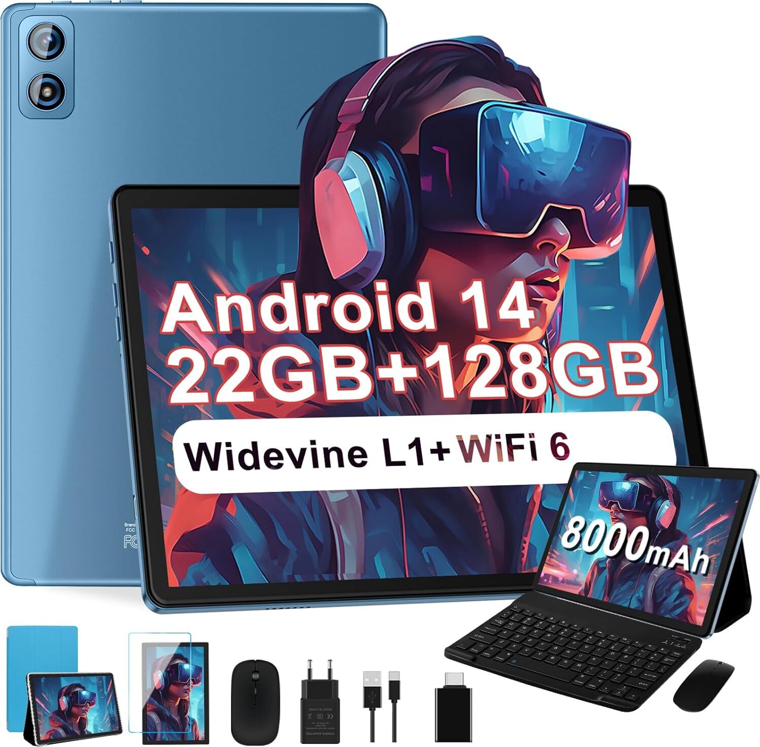 2025 Najnovší tablet Android 14 10 palcov, 22(6+16)GB RAM+128GB ROM/TF 2TB, 8000mAh batéria, 8-jadrový procesor, Face ID, Widevine L1, WLAN 6, BT5.0, GPS, 5MP+8MP,