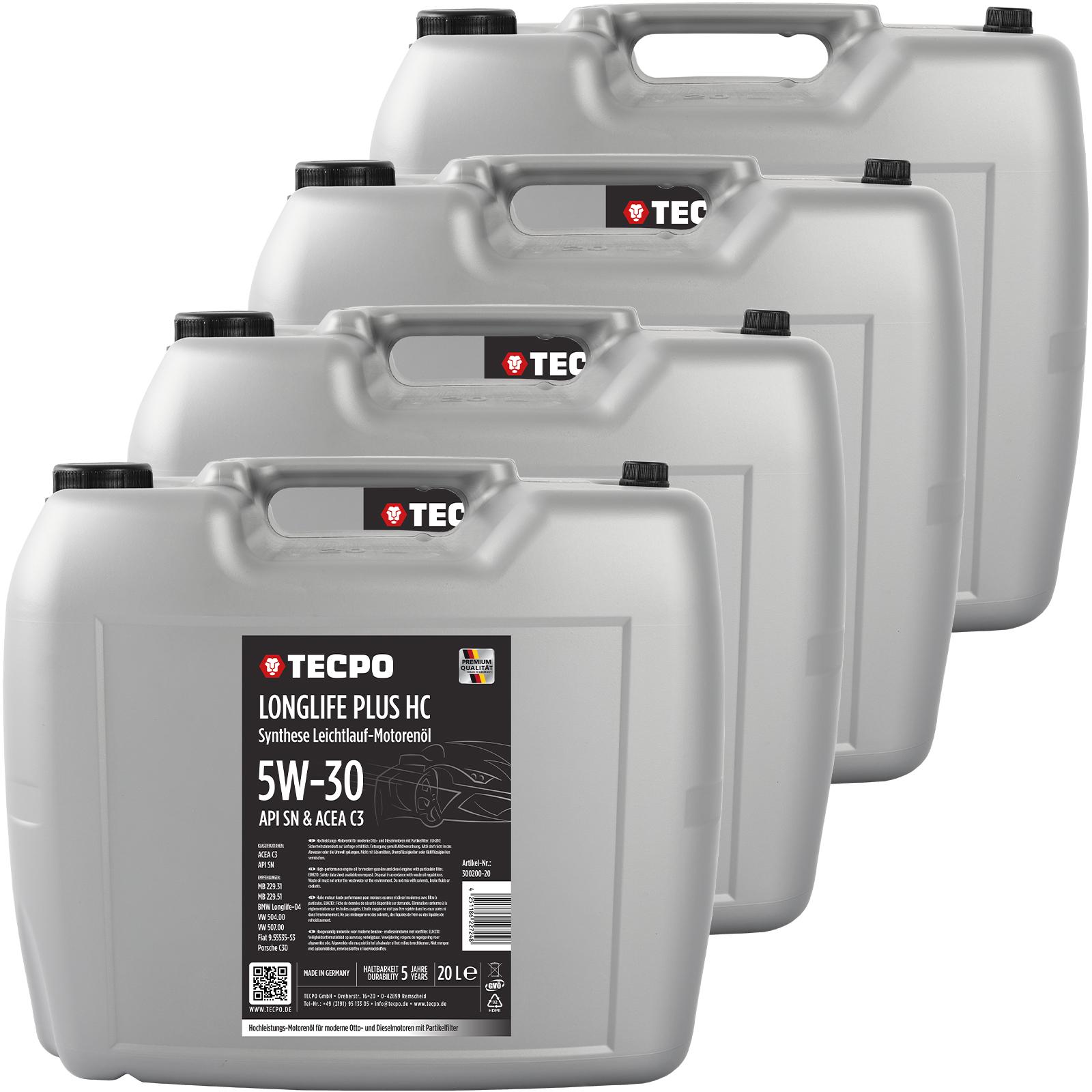 TECPO Motoröl 80 Liter 5W-30 LONGLIFE Plus HC Synthese passend für ACEA C3 / API SN / 504 / 507 / 229.31 / 229.51 / LL-04 / C30 300200-20