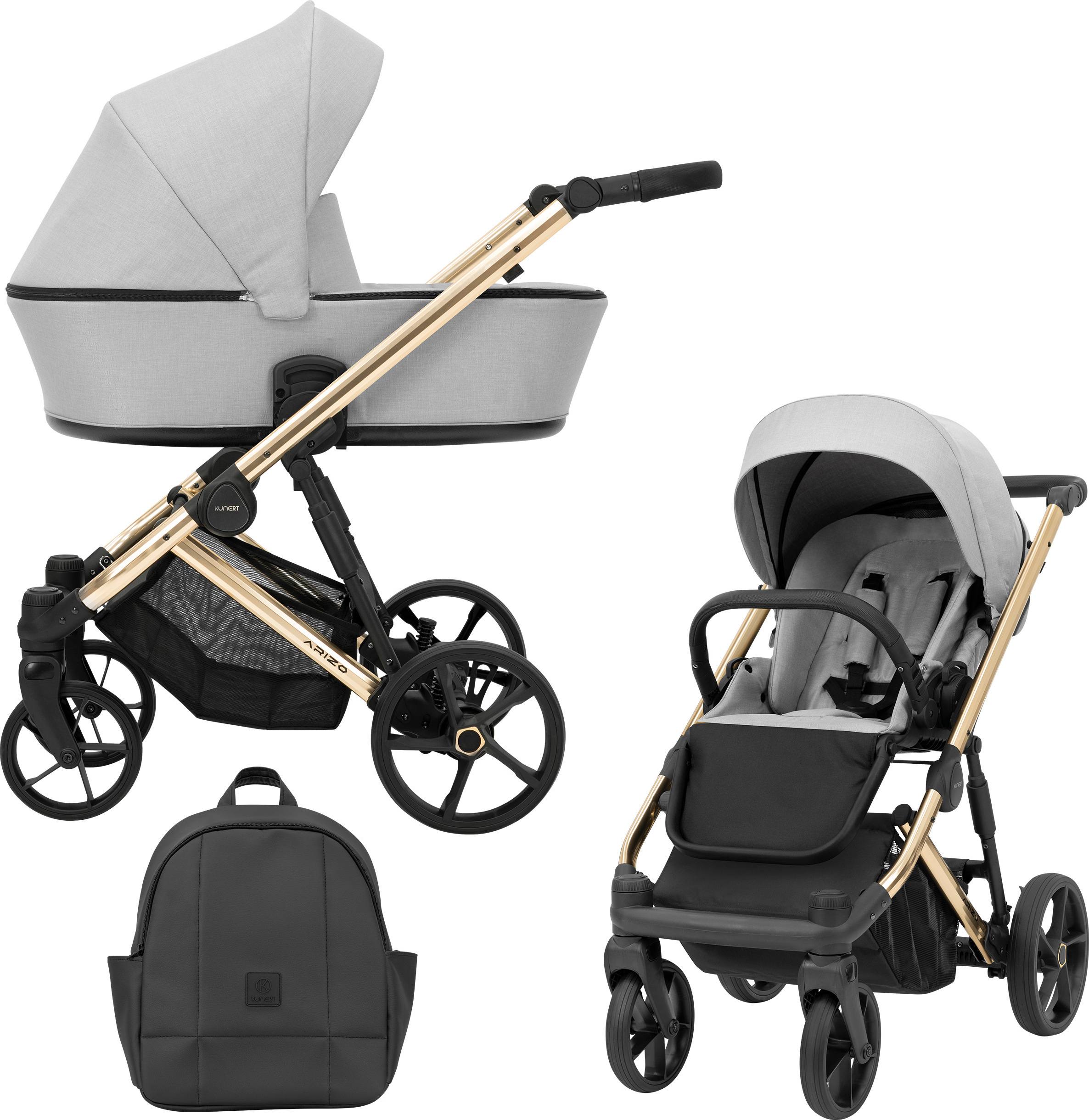 Kinderwagen ARIZO Sportwagen Babywagen Babyschale Komplettset Kinder Wagen Set 2 in 1 (Grey, Rahmenfarbe: Gold)