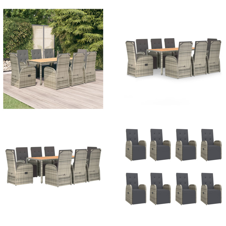 vidaXL 9 tlg. Garten Essgruppe mit Kissen Grau Poly Rattan - Garten Essgruppe - Garten Essgruppen - Essgruppe - Essgruppe Terrasse