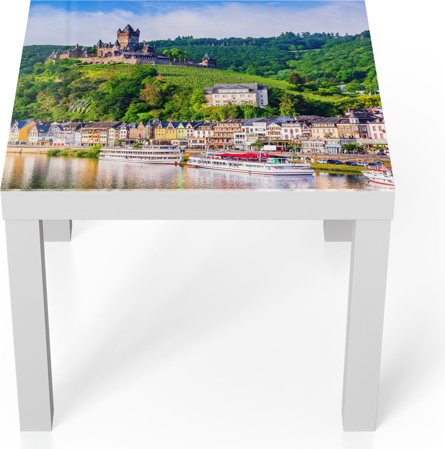 DEQORI Couchtisch 55x55 cm Weiß 'Burg Cochem mit Mosel' Glas Beistelltisch TL-55-55-W-1730