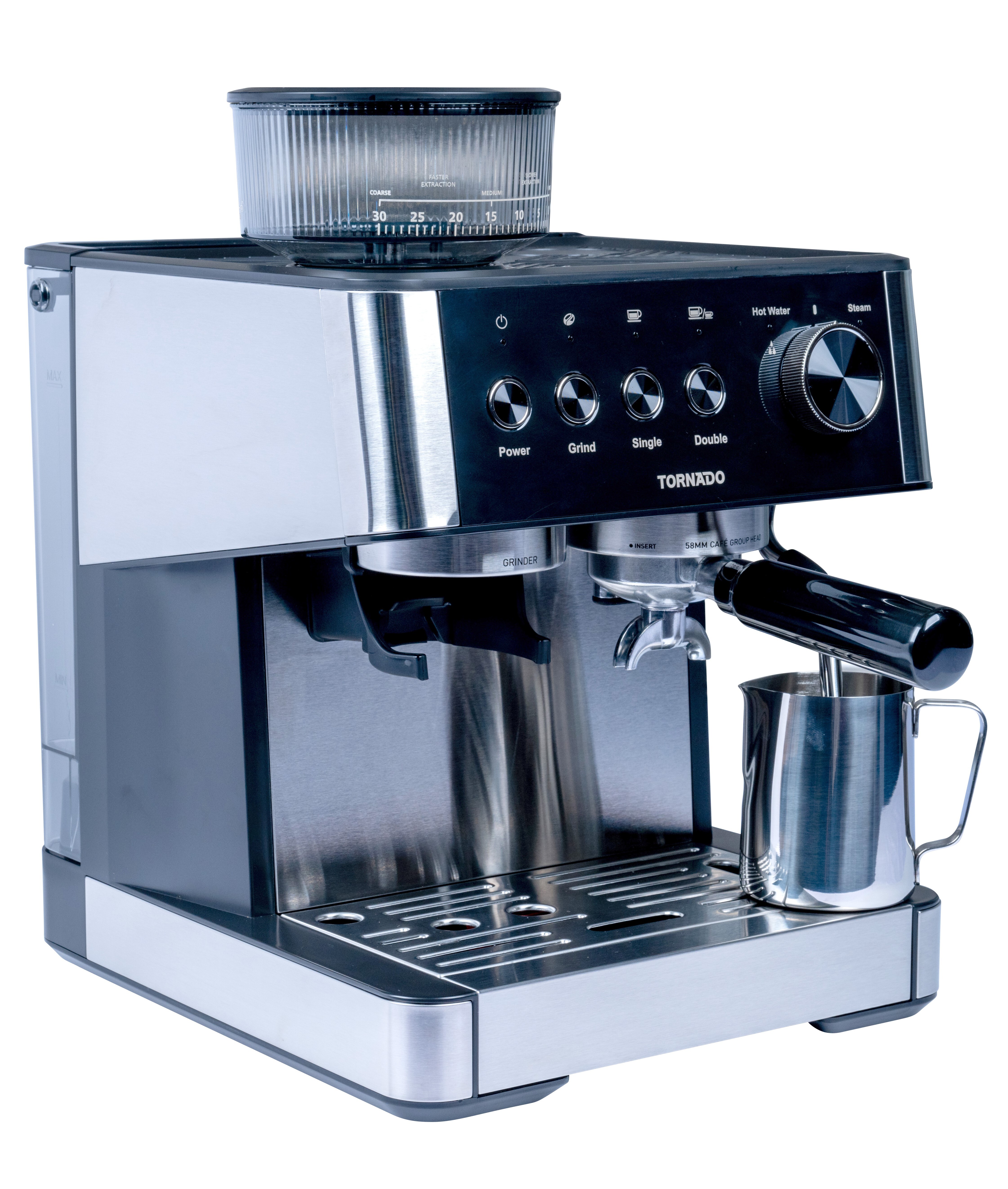 TORNADO TCM5431-GS, Espresso kávovar, 2,3 L, Kávové zrná, Mletá káva, Vstavaný mlynček, Strieborná