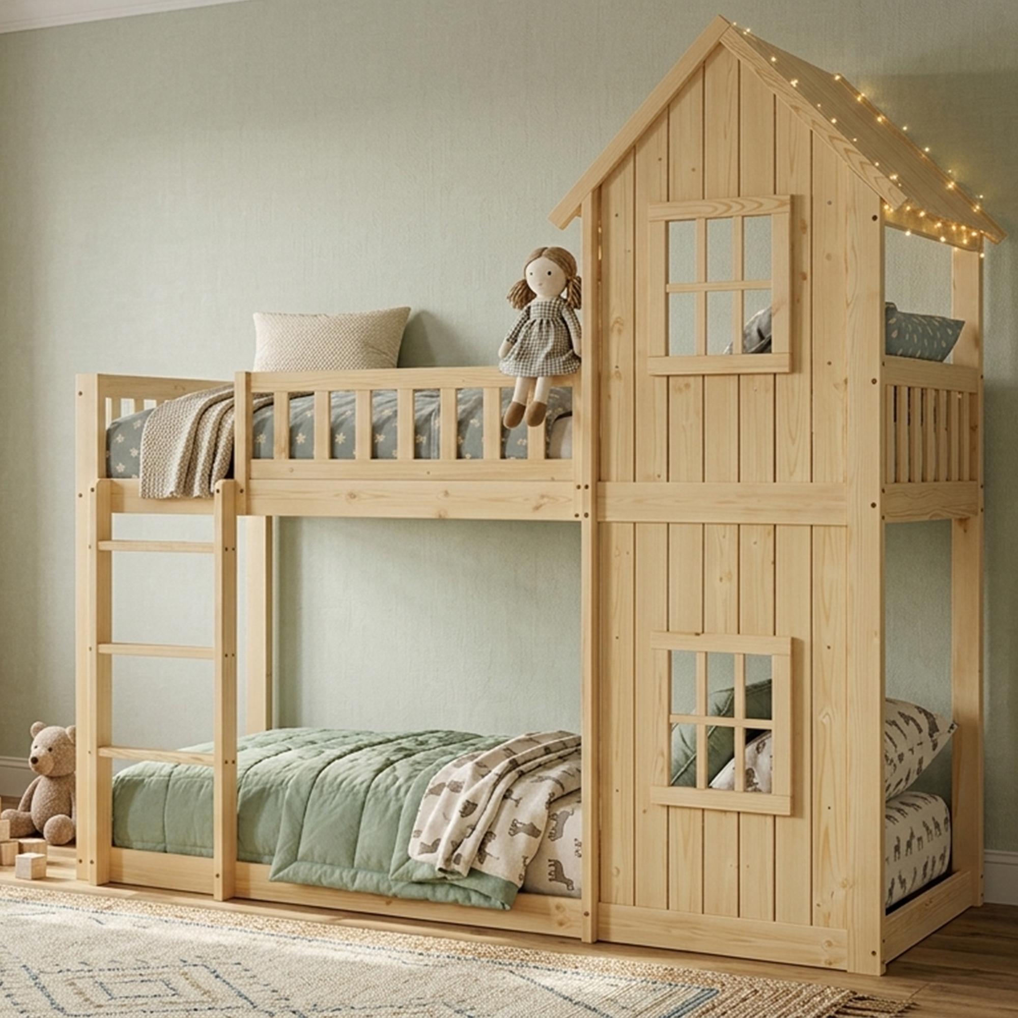 MODFU Etagenbett 90 x 200 mit Matratze,Kinderbett mit Dreistufige Treppe,Hausformen und zwei Fenster,Jugendbett mit Rundum-Umzäunung,Natur