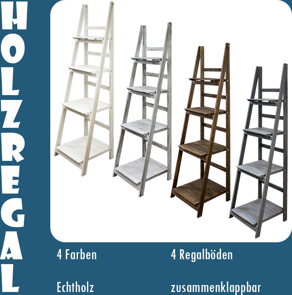 Regal Leiterregal Holz Wandregal Bücherregal für Küche Wohnzimmer Badezimmer Modern 4 x Ablagen Deko Bilderrahmen Pflanzen in 4 verschiedene Farben Kingpower, Farbe:Weiß
