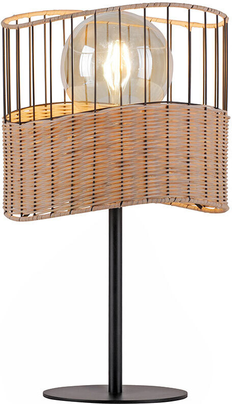 JUST LIGHT Tischleuchte, Metall, schwarz, Holzgeflecht, E27, H 42 cm 133598