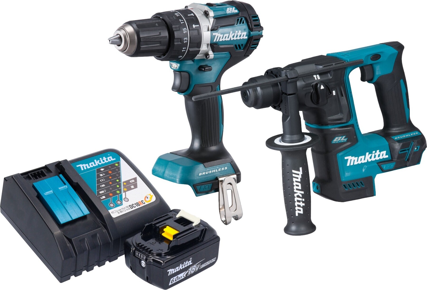 Akumulátorová kombinovaná súprava Makita DLX 2278 RG1 + príklepová vŕtačka DHP 484 54 Nm + vŕtacie kladivo DHR 171 1,2 J + 1x akumulátor 6,0 Ah + nabíjačka