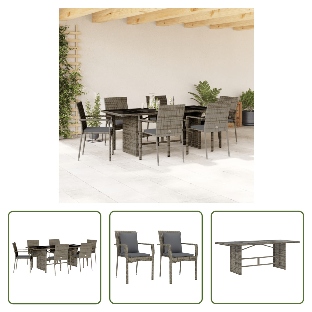 The Living Store 7-dielny záhradný jedálenský set s vankúšmi sivý polyratan