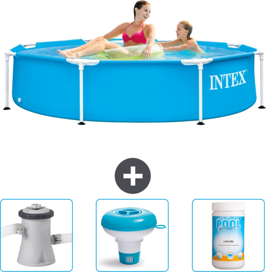 Bazén Intex s okrúhlym rámom - 244 x 51 cm - modrý - filtračné čerpadlo pre bazén v cene - chlórový plavák - chlór