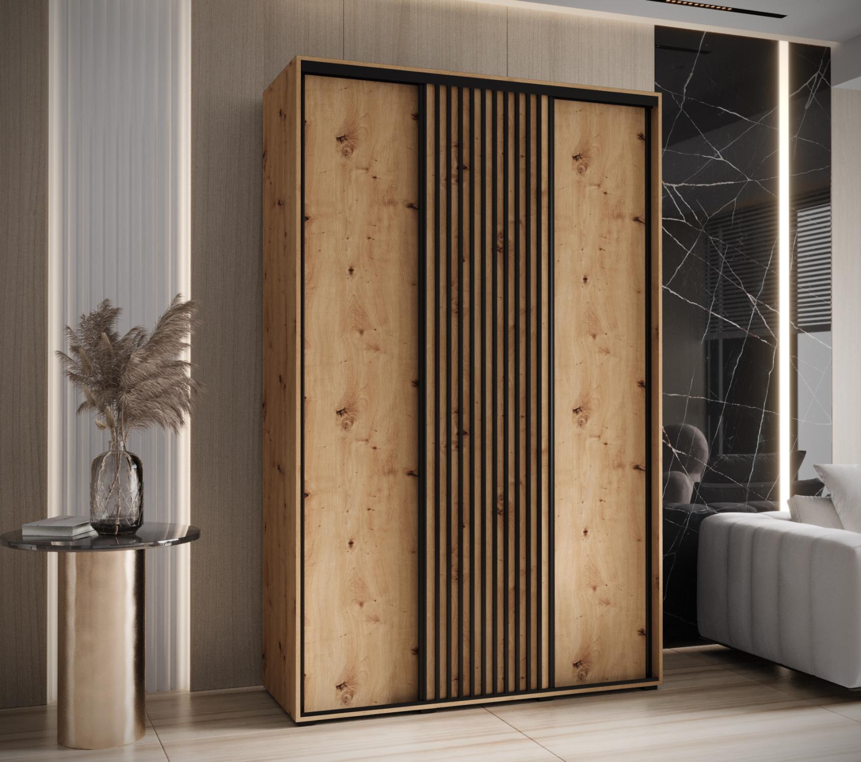 VENETI Kleiderschrank BAYLIN 1 – 160/60 cm, Eiche handwerklich / Eiche handwerklich / schwarz 064-08-18491