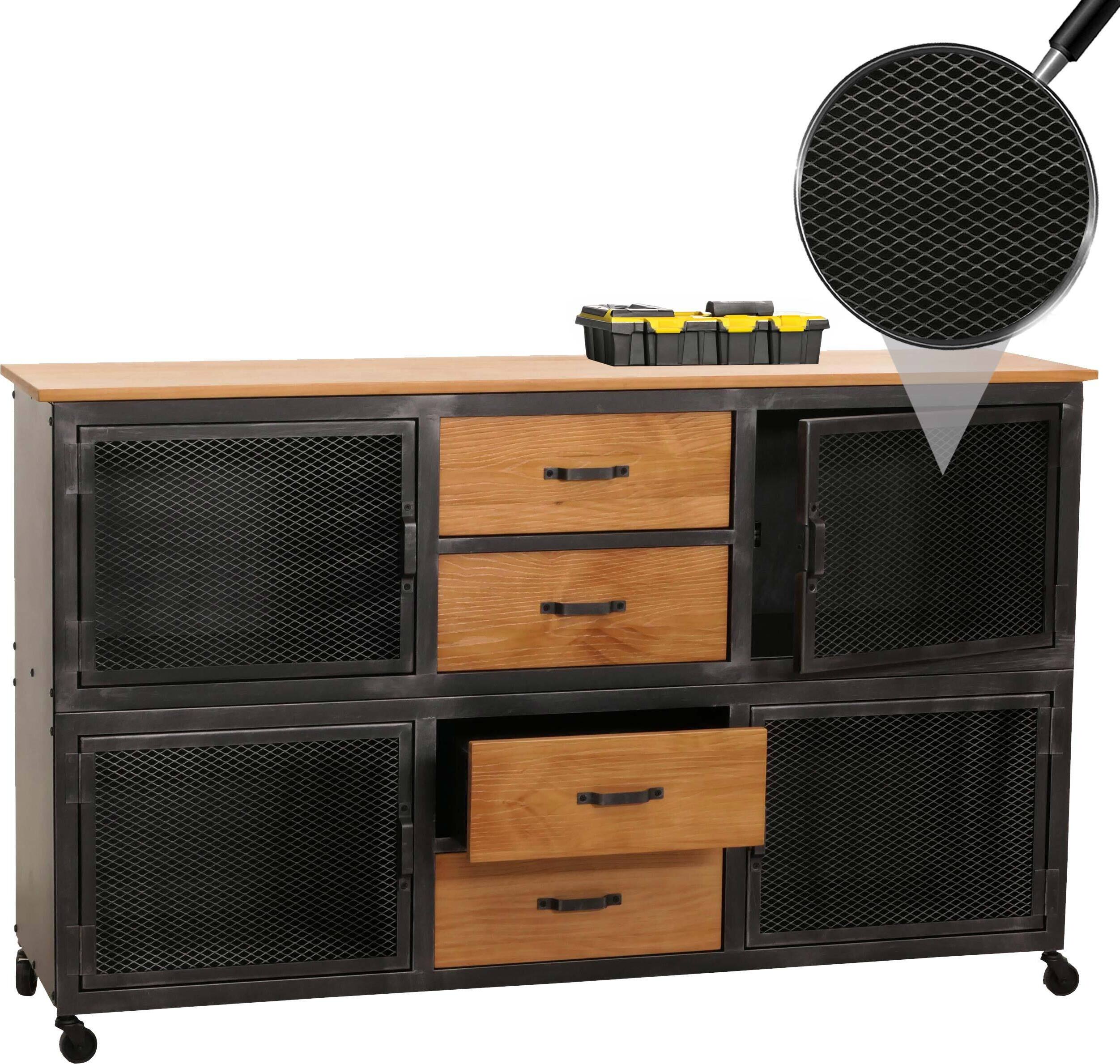 Werkstattwagen MCW-N28, Rollwagen, Rollen 4 Schubladen, 3D-Struktur Metall Holz 90x150x40cm schwarz, natur