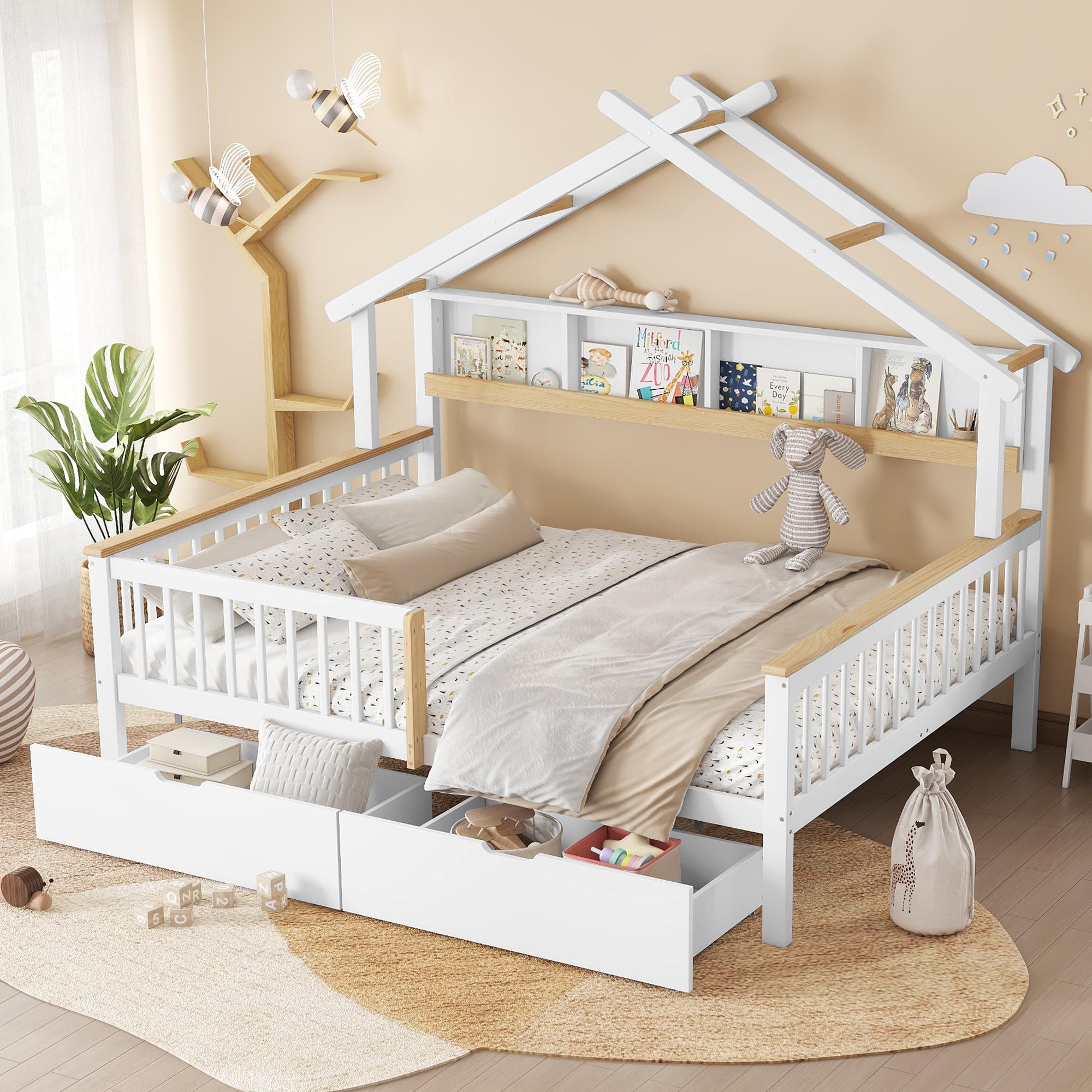 okwish Kinderbett 140x200cm mit Zwei Schubladen auf Rollen,Holzbett Jugendbett mit Fallschutz und Gitter, Bettgestell mit Einzigartiges Dachdesign,mit Matratze,Weiß