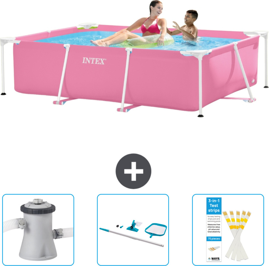 Bazén Intex s obdĺžnikovým rámom - 220 x 150 x 60 cm - ružový - obsahuje filtračné čerpadlo pre bazén - čistiacu súpravu - testovacie prúžky