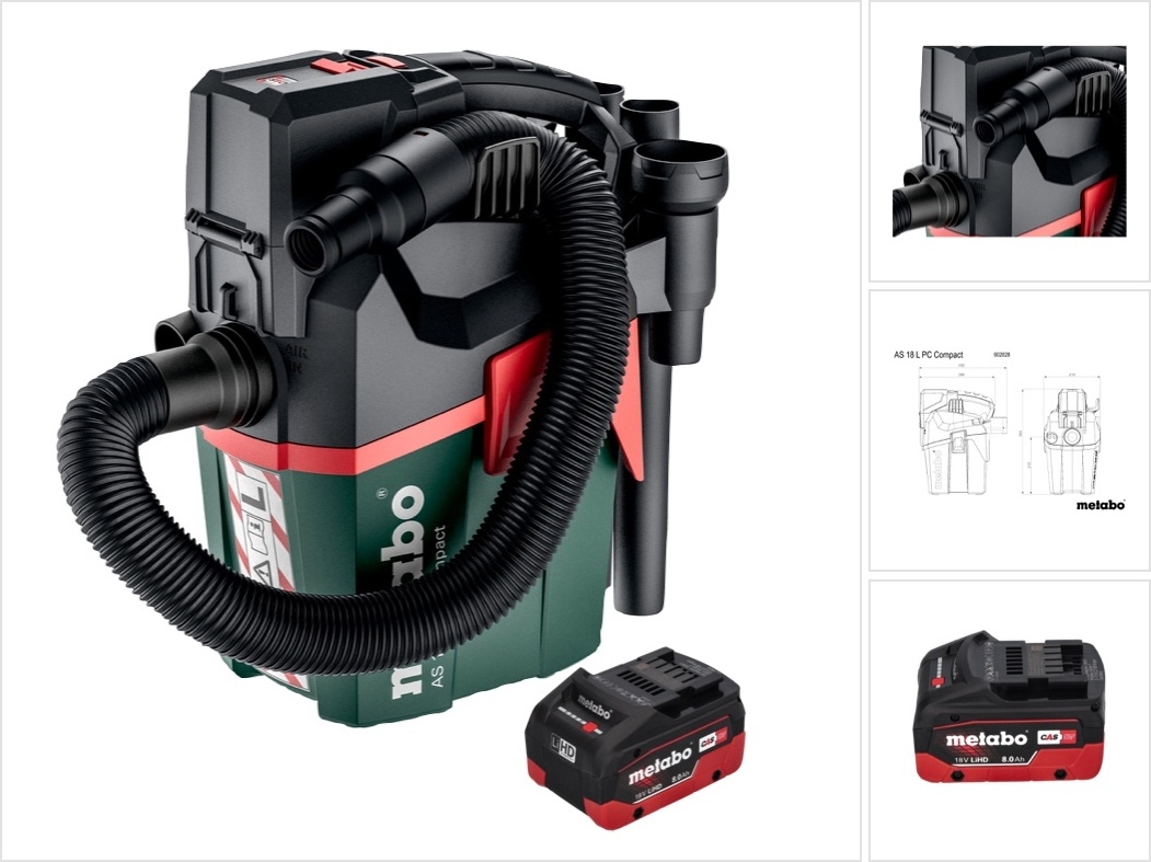 Metabo AS 18 L PC Kompaktný akumulátorový vysávač 18 V 6 l IPX4 prachová trieda L mokré a suché vysávanie + 1x akumulátor 8,0 Ah - bez nabíjačky