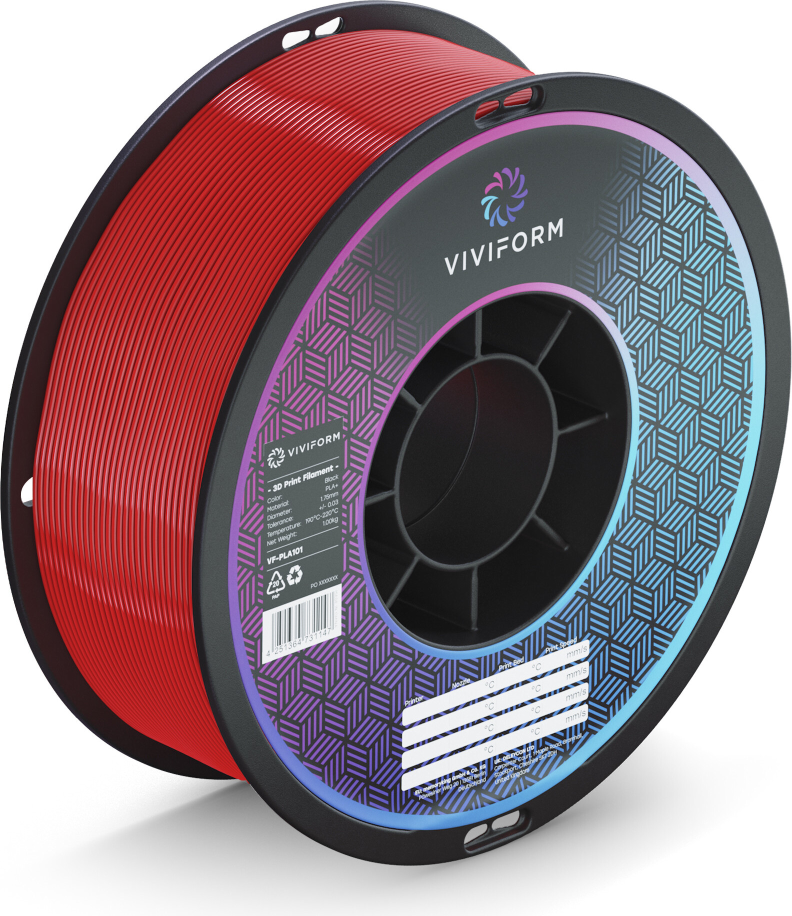viviform.com Viviform PLA+ Filament für 3D Drucker, 1kg Rolle, Durchmesser 1,75mm +/- 0,03mm, Rot VF-PLA105