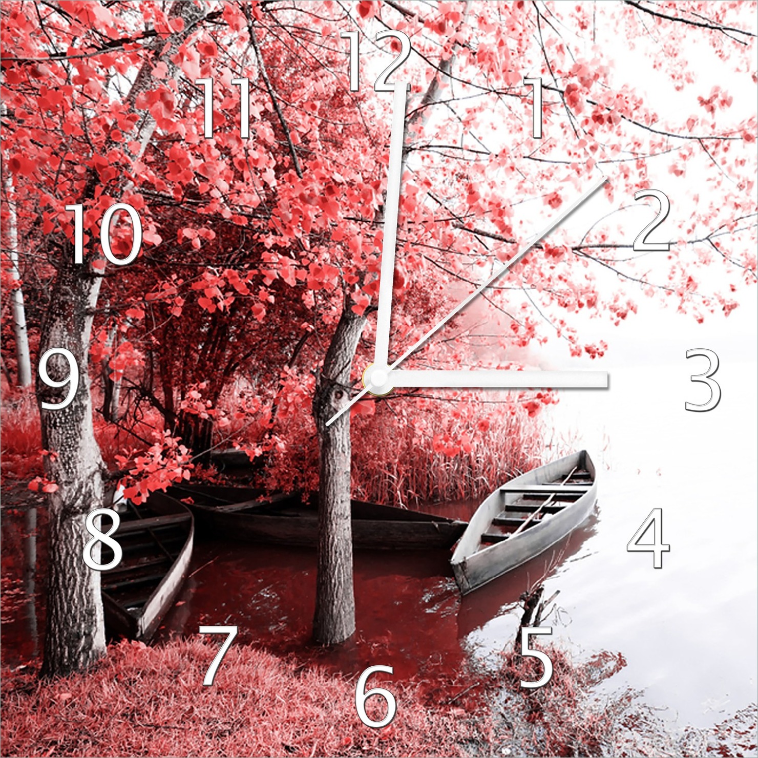 Wallario Design Wanduhr Romantische Bootsanlegestelle in rot-weiß aus Echtglas, Größe 30 x 30 cm guk0080-3030