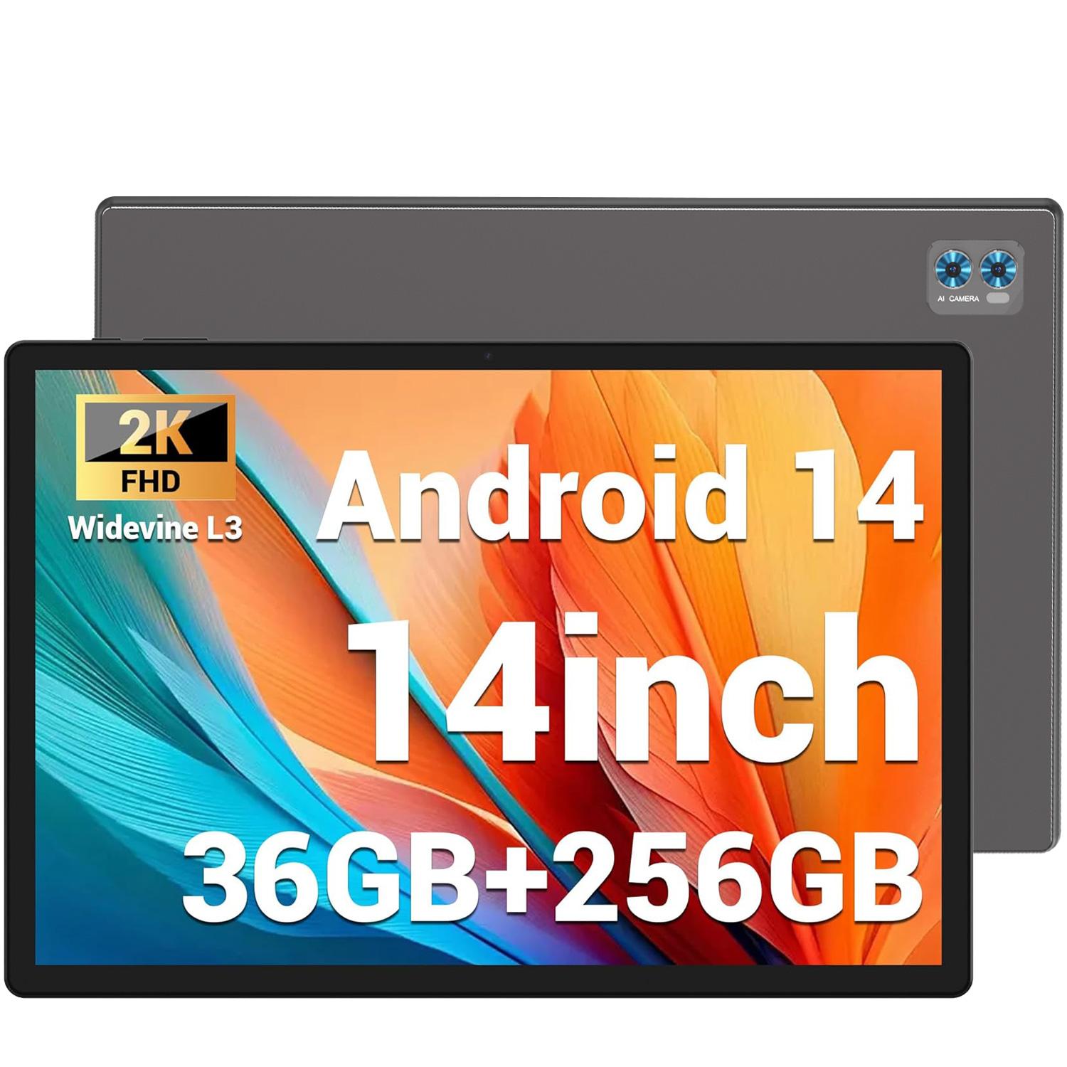 Tablet 14 Zoll 2K Octa-Core MAGCH, 36GB+256GB(1TB TF), Android 14.0, 2000*1200 FHD, 5GHz WIFI, Widevide L3, 11580mAh, 13MP+8MP, Grau DM141