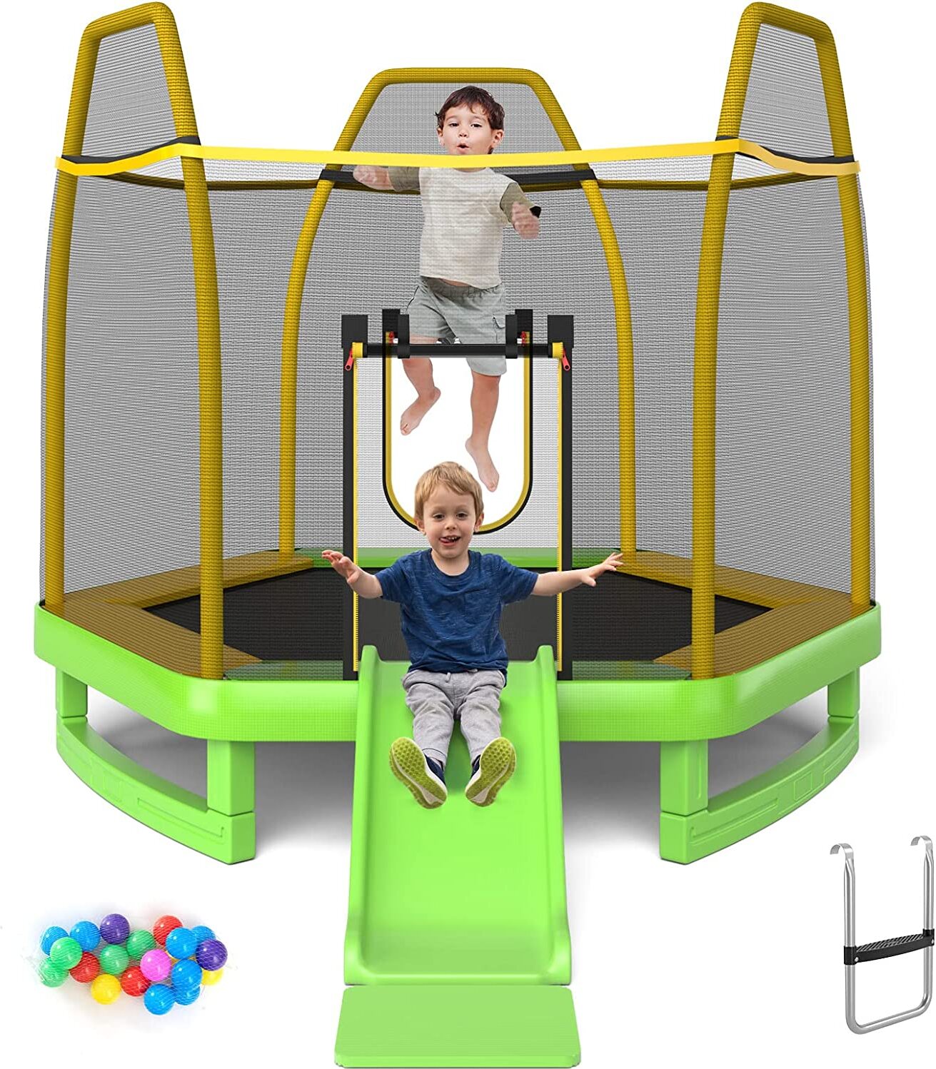 COSTWAY φ223cm záhradná trampolína so šmýkačkou, vonkajšia trampolína do 270 kg, detská trampolína s rebríkom, bezpečnostnou sieťou, krytom hrán a oceánskymi loptičkami, pre deti od 3 rokov