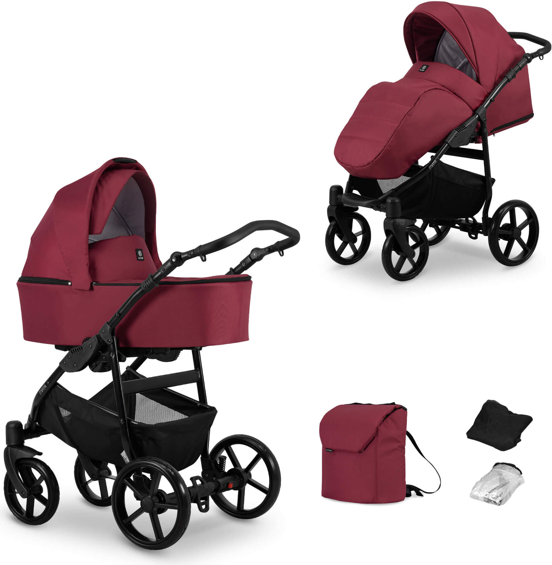Kinderwagen MATA Sportwagen Babywagen Babyschale Komplettset Kinder Wagen Set 2 in 1 (maroon, Rahmenfarbe: Schwarz)