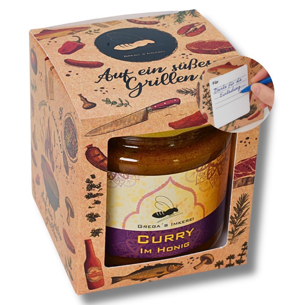 GregasImkerei Grill Honigsüße Geschenk Box 1er Set | 250g Curry im Honig | Gastgeschenk mit Grußfeld | Grega's Imkerei