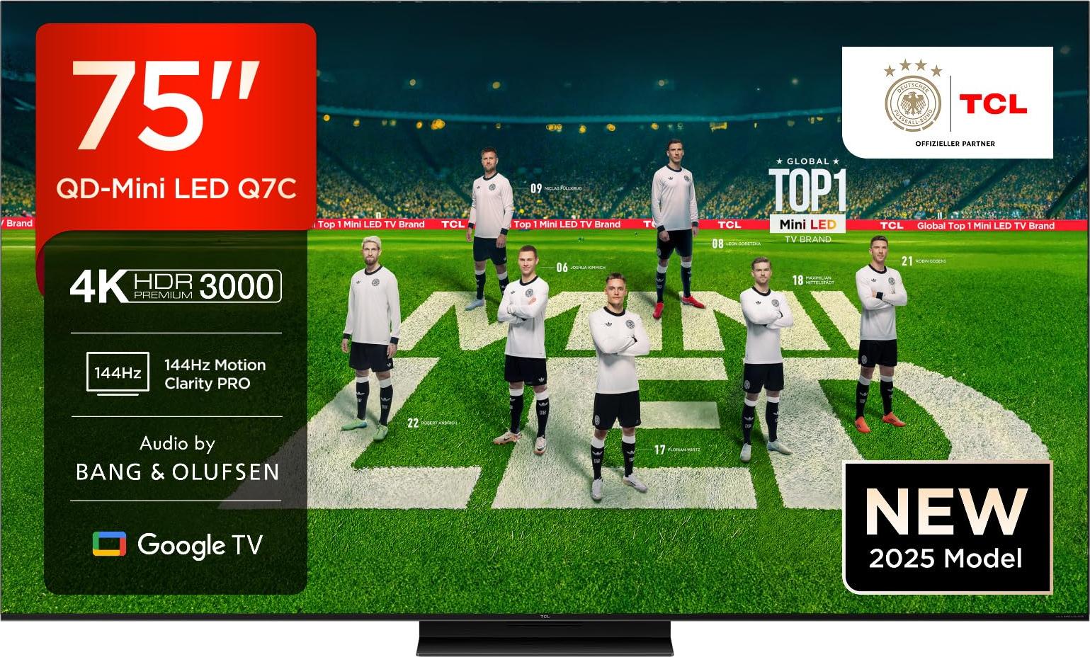 TCL 75Q7C QLED Mini LED Fernseher, 75 Zoll, 4K HDR Premium, Dolby Vision IQ & Atmos, Smart TV mit Google TV, Bang & Olufsen 6.2.2 Sound, 144Hz VRR, AMD FreeSync Premium Pro, HDMI 2.1, AirPlay 2