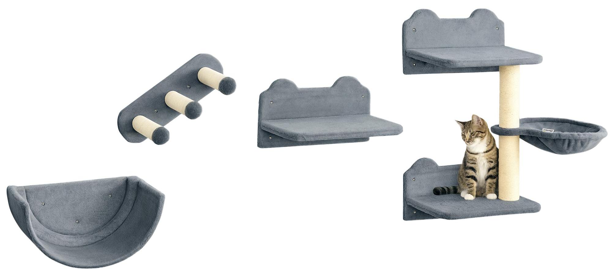 SUGIFT Kletterwand-Set für Katzen, Hängematte, Kratzbrett, Sprungplattformen, Plüsch, Sisal, Grau, 40,0x28,0x73,0 cm, platzsparend
