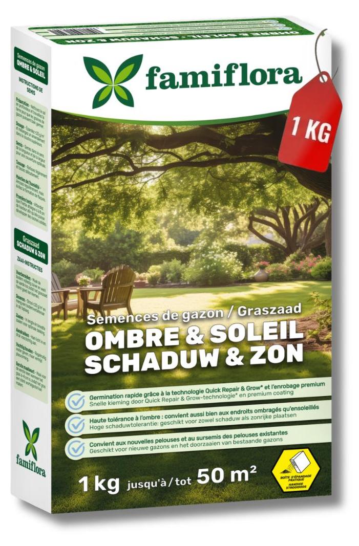Famiflora Grassamen 1kg bis zu 50m² - Schatten & Sonne - ideal für einen Schattenrasen - Gut für einen Rasen bis zu 50m² - Hohe Schattentoleranz - Für einen vollen & gleichmäßigen Rasen