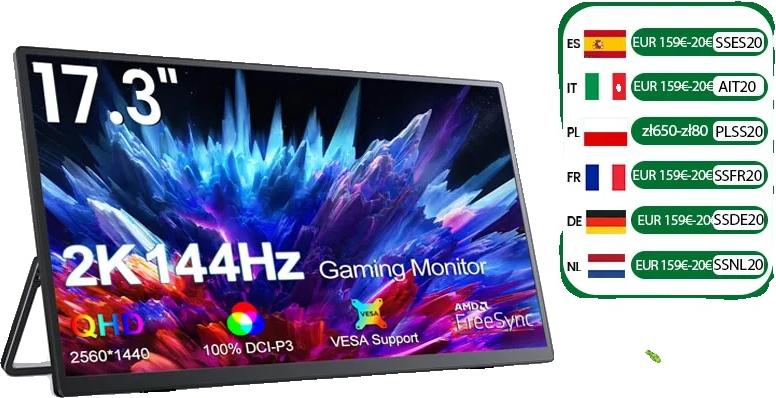 Herný prenosný monitor, 17,3 palca, rozlíšenie 2560x1440, obnovovacia frekvencia 144 Hz, konektor EÚ