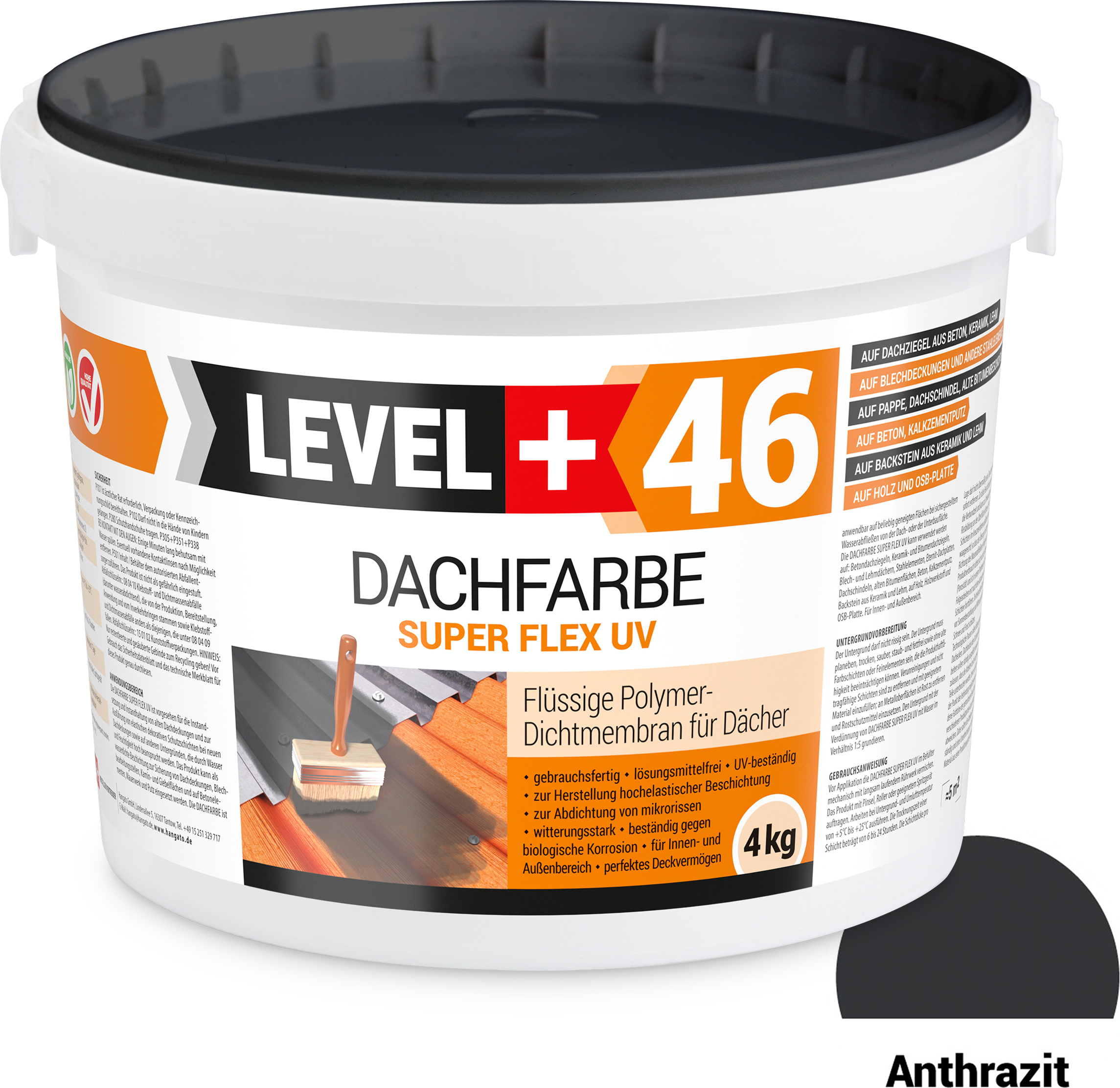 Hangato GmbH Dachfarbe und Sockelfarbe flexibler Dachlack Polymermembran Schutzanstrich Anthrazit 4kg RM46