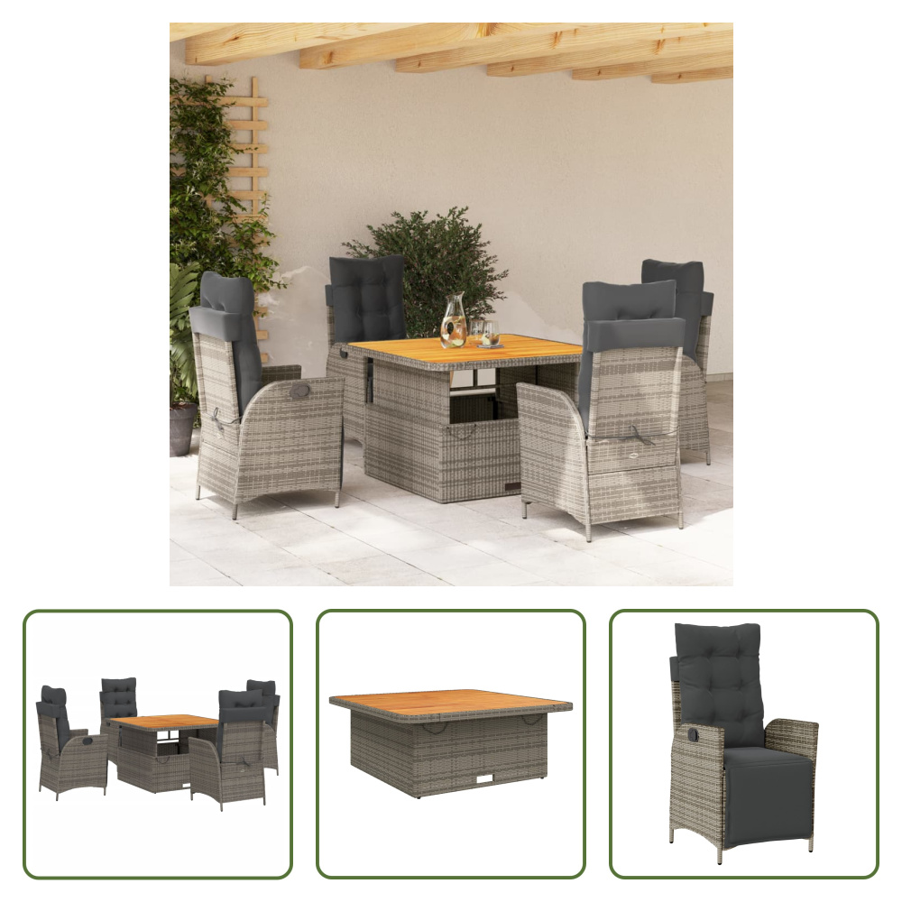 The Living Store 5-dielny záhradný jedálenský set s vankúšmi sivý polyratan