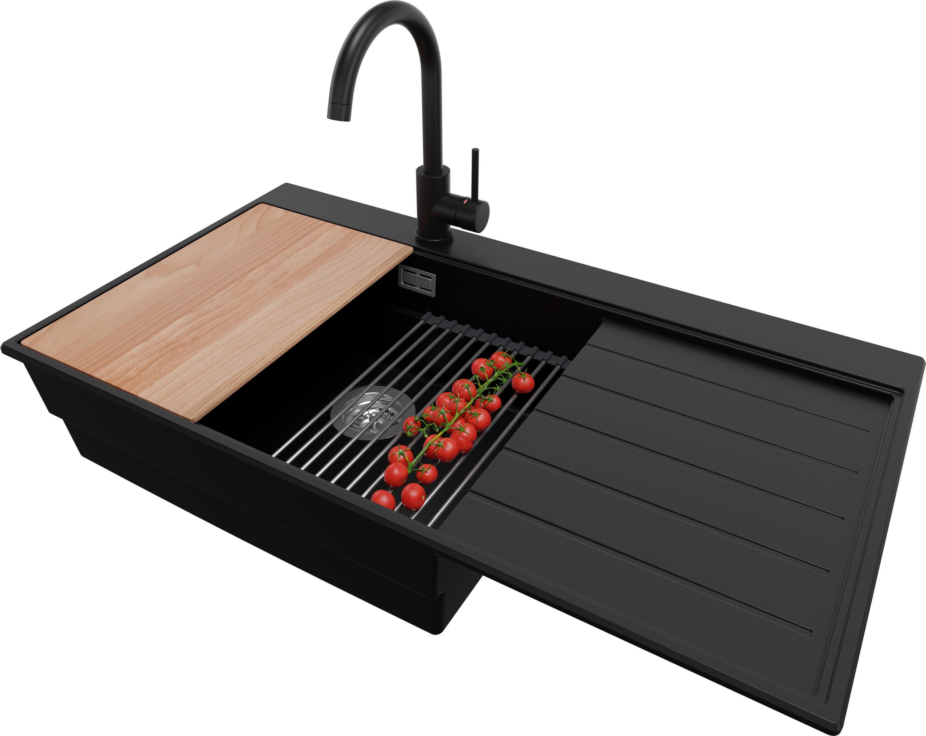 PRIMAGRAN Granitspüle Schwarz 90x50cm, Spülbecken 1 Becken + Küchenarmatur 32x20cm + Ablauf-Set + Küchenzubehörset, Küchenspüle ab 60er Unterschrank - Sydney