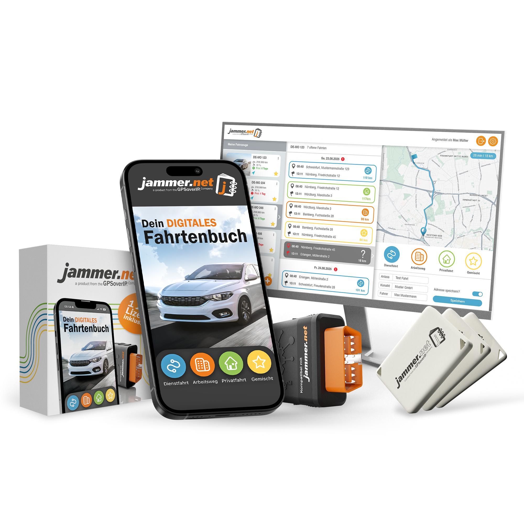 GPSauge jammer.net - Dein finanzamtkonformes digitales Fahrtenbuch: OBD2 Stecker inkl. Jahreslizenz + 3 TAGs, Portalzugang für PC und App. Kein Vertrag!