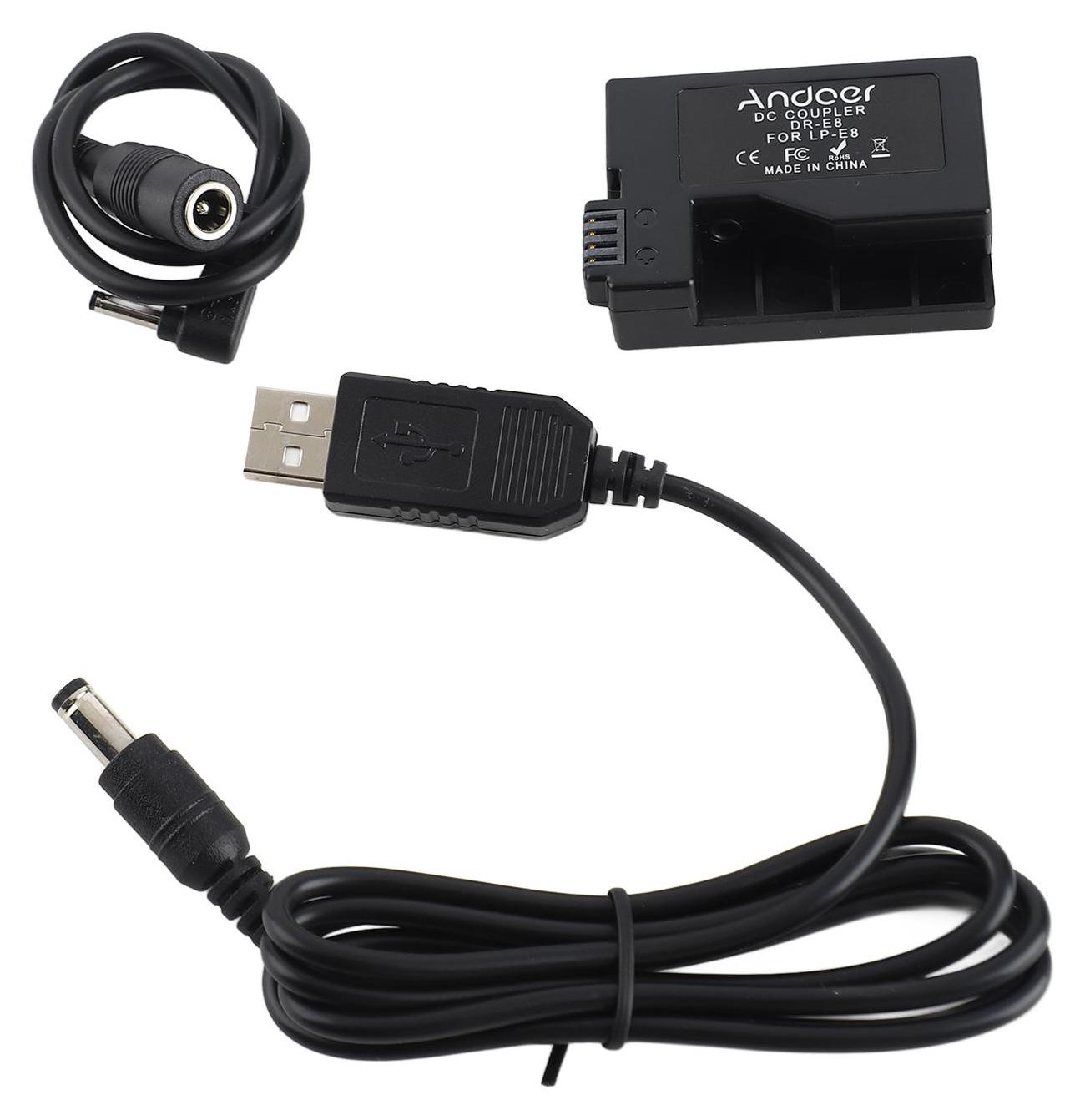 Andoer DR-E8 atrapa batérie s DC power bankou USB adaptér, náhrada kábla pre LP-E8 Canon EOS 550D 600D 650D 700D DSLR fotoaparáty