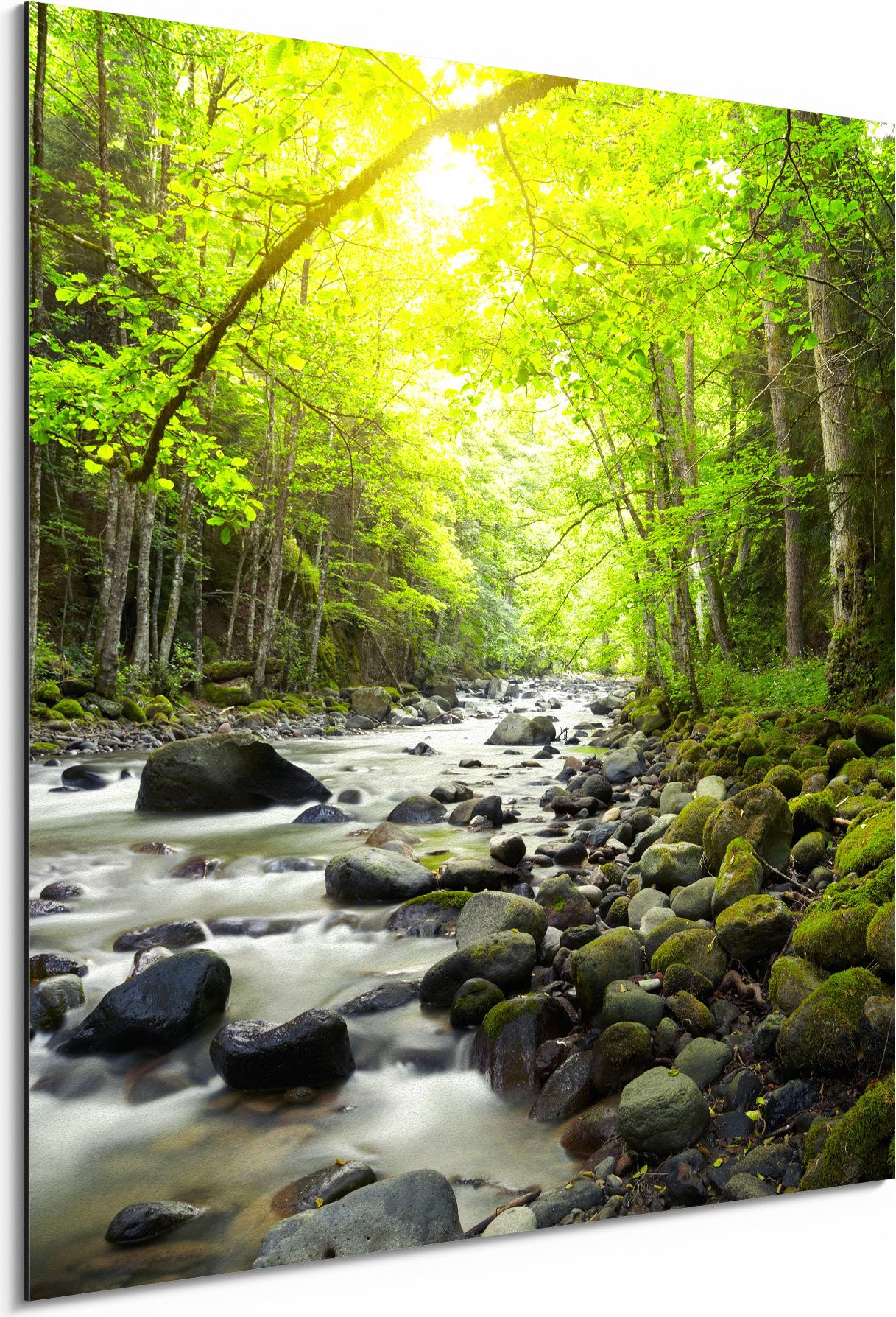 DEQORI Alu-Dibond Bild Weiß 30x30 cm 'Steiniges Flussbett' Wandbild Metall dünn Design AD-30-30-W-1306-UV