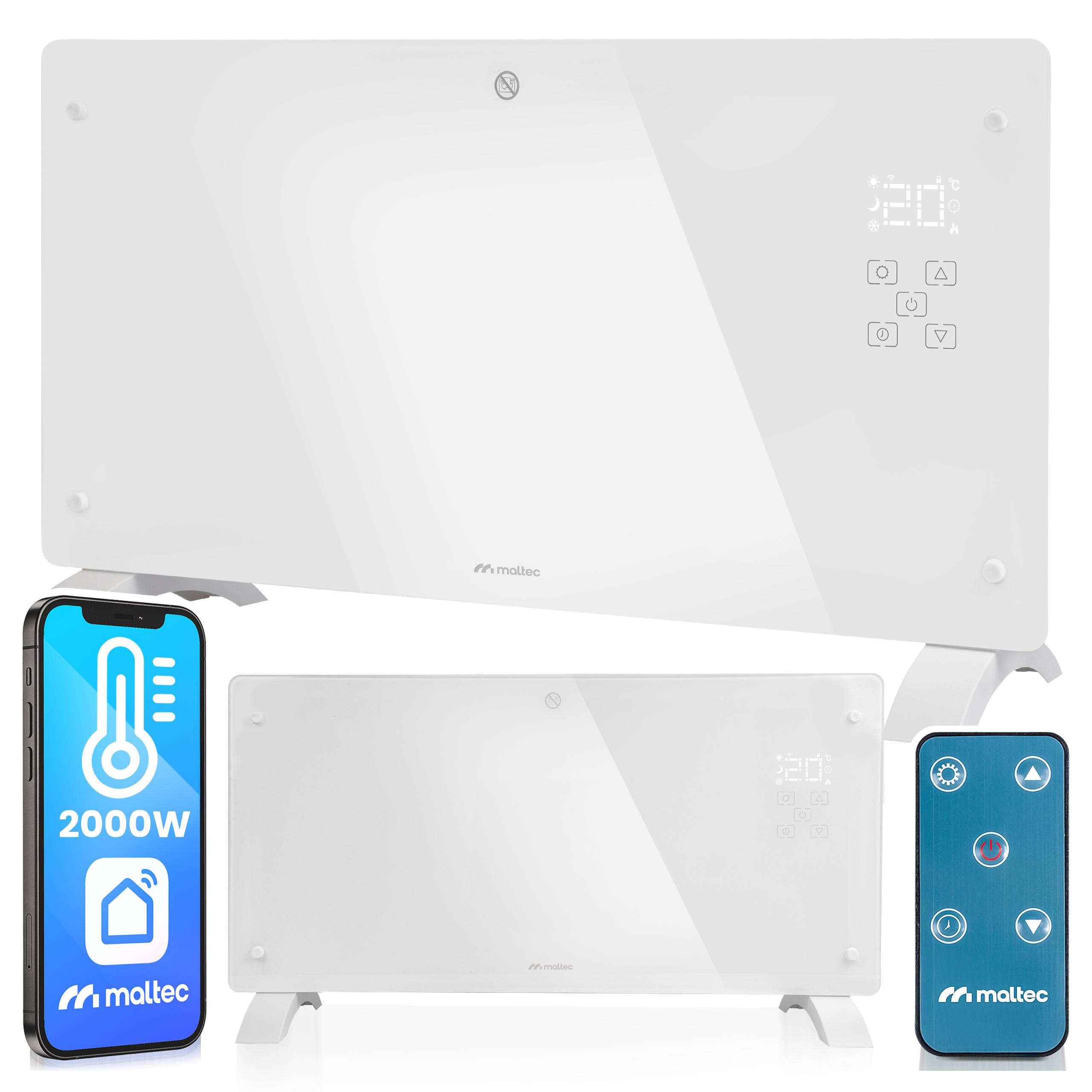 Konvektorový ohrievač s diaľkovým ovládaním Ohrievač MalTec z tvrdeného skla, Eco, Wifi termostat a časovač ohrevu, 2000 W detská poistka, biely