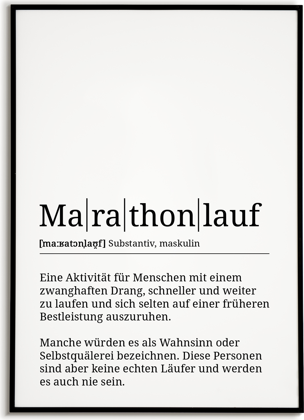 Tigerlino® Marathonlauf Poster Definition Kunstdruck Wandbild Geschenk – A3 (29.7x42cm) / schwarzer Bilderahmen