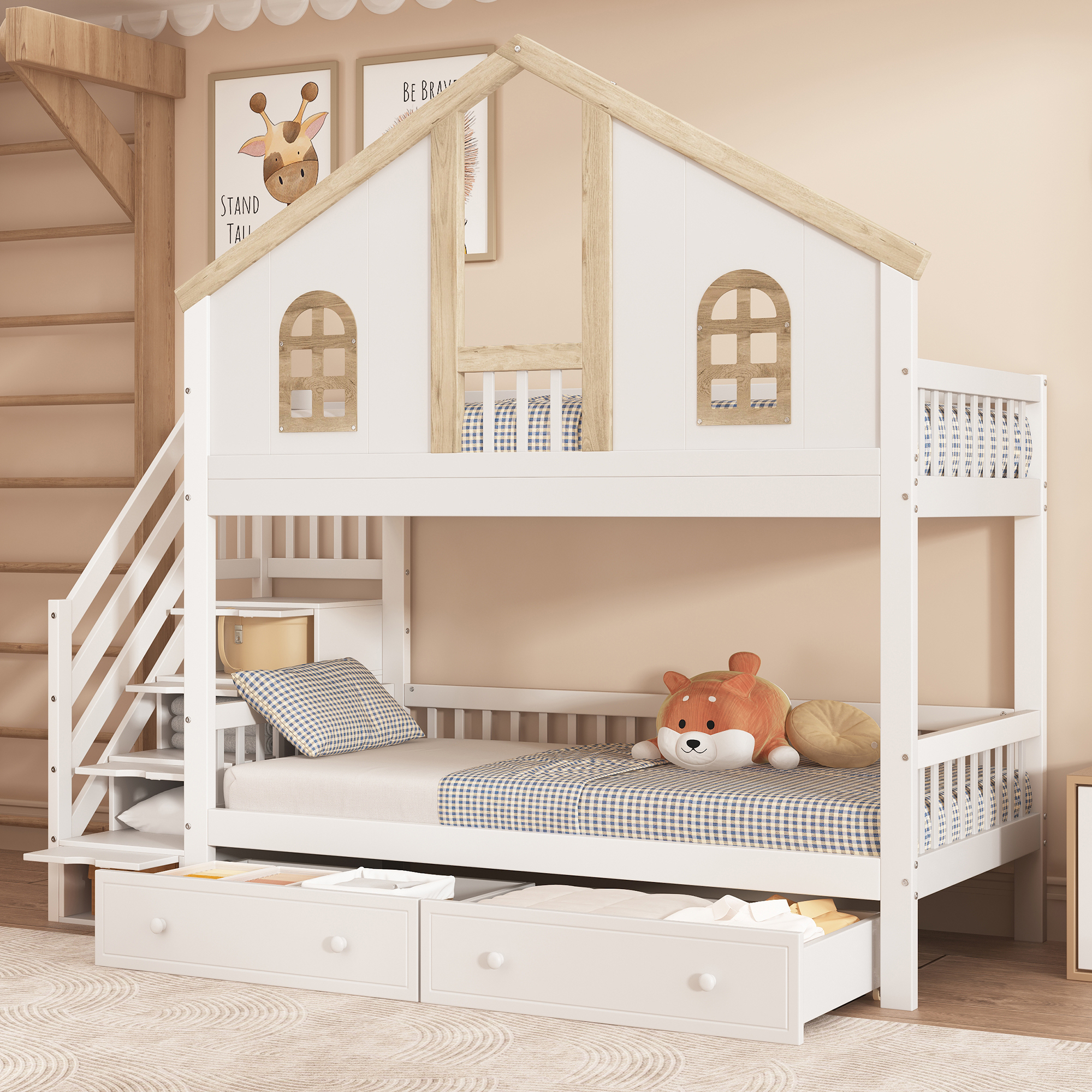 Kinderzimmer Etagenbett mit Sicherheitsgitter, Fenster, Schubladen, Treppe & Ablage, Weiß+Natur, 90x200cm