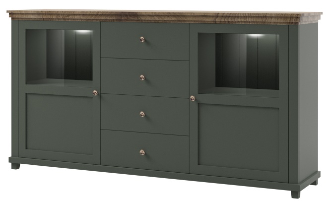 Buffet Martin mit 4 Schubladen und 2 Türen, Grün und Holzoptik, 181cm