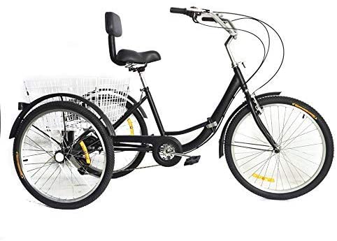 24'' Zoll 6-Gänge Erwachsene Dreirad 3-Rad Fahrrad mit Einkaufskorb&Scheinwerfer 