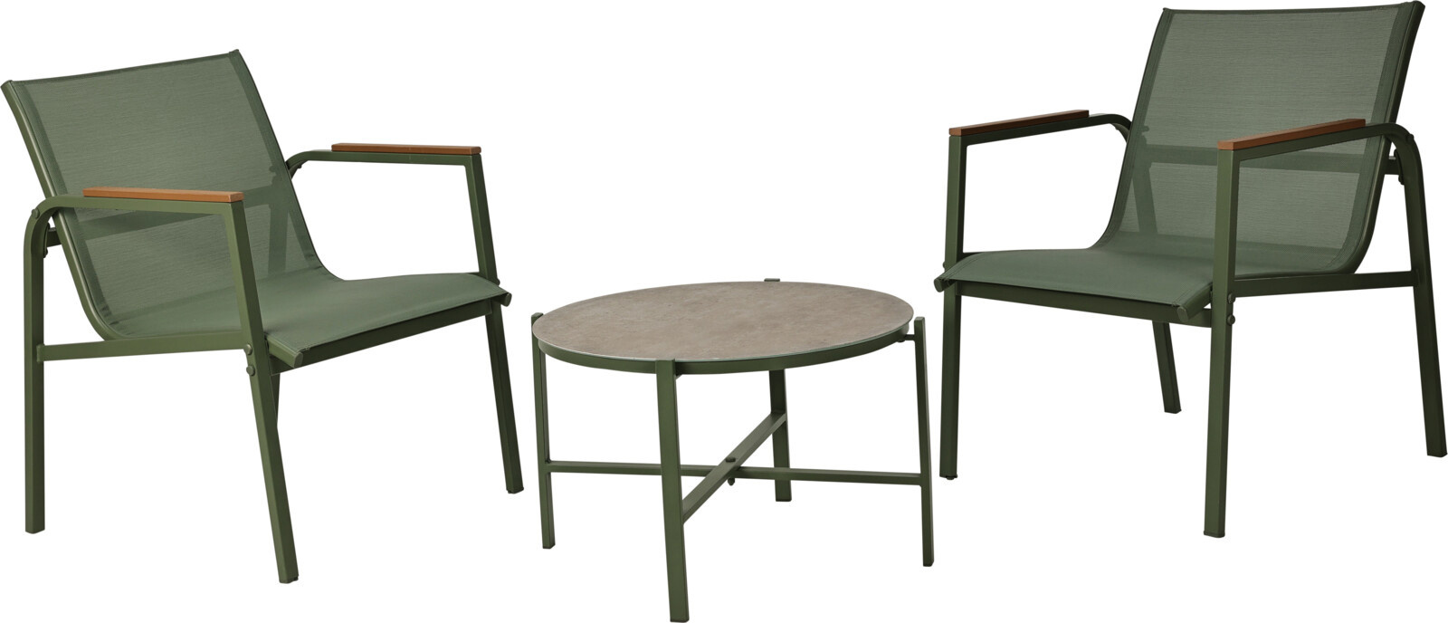 Súprava záhradného nábytku, 2 kreslá a odkladací stolík, zelená