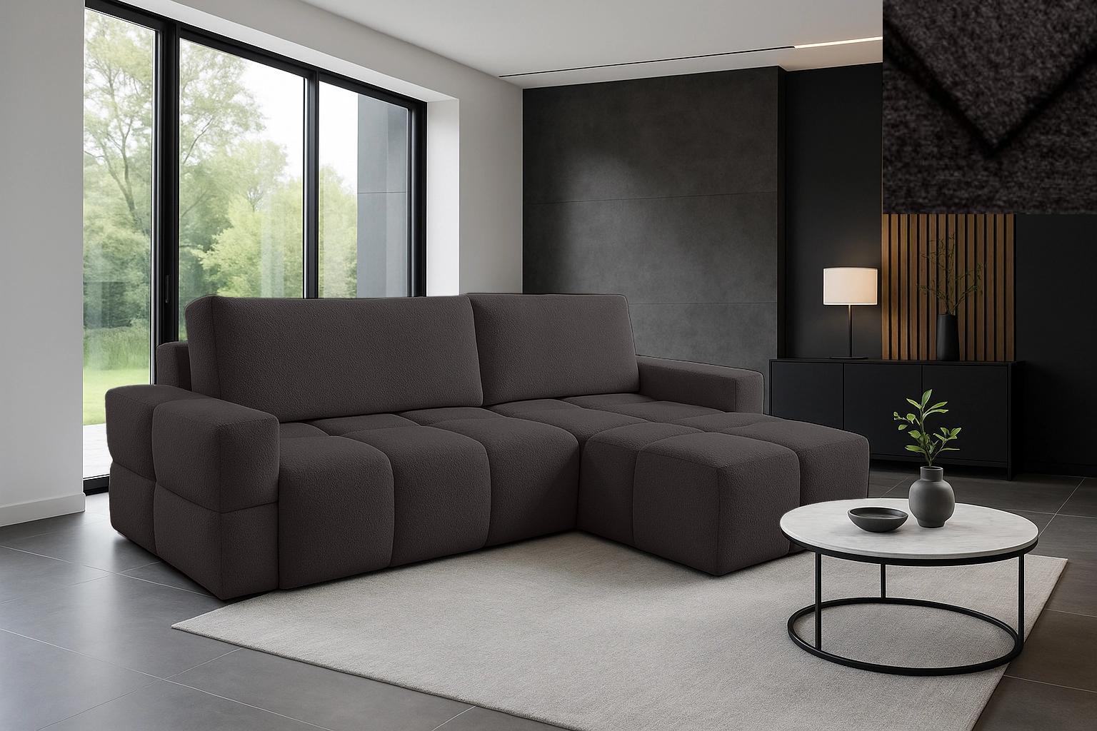 Ecksofa Carini Nordelo mit Schlaffunktion, Bettkasten, Stoff ARENA 19 Schwarz Melange Bouclé, universal L/R, 165×255×90 cm, Liegefläche 150×210 cm ECKC-CARI-ARN-19