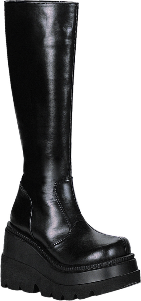 SHAKER-100 DemoniaCult Dámske vysoké čižmy na klinovej platforme Black Leather Optics