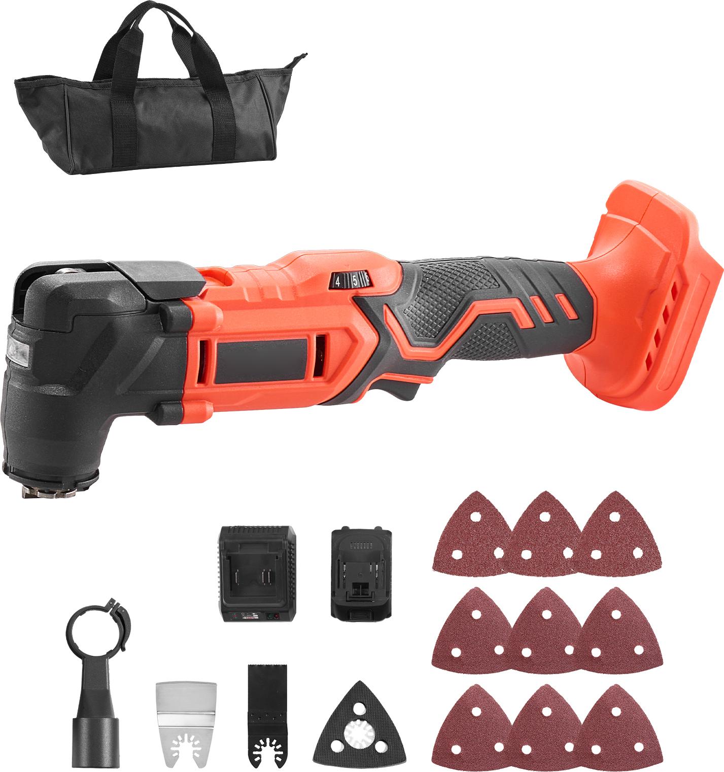 SucceBuy Akku-Multifunktionswerkzeug, 20 V Oszillationsgerät mit 6 variablen Geschwindigkeiten von 8500–17000 OPM, 3,2° Oszillationswinkel, 2,0 Ah Akku & Ladegerät, 12-teiliges Zubehörset & LED-Licht