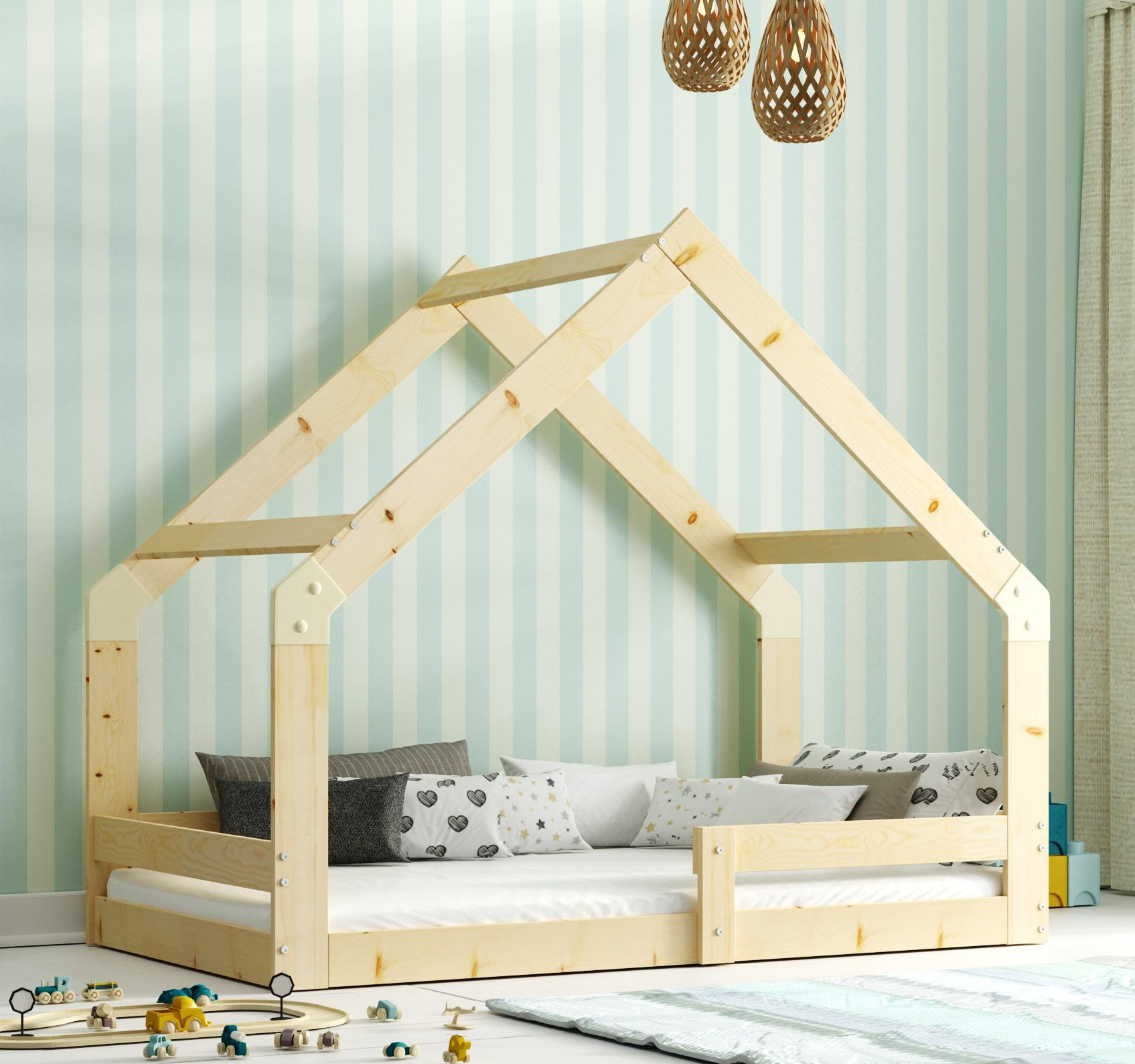 BMS Group Sawomir Pegza Interbeds Hausbett 160x80cm Montessori Kinderbett aus Kiefernholz Bodenbett mit Rausfallschutz Naturton