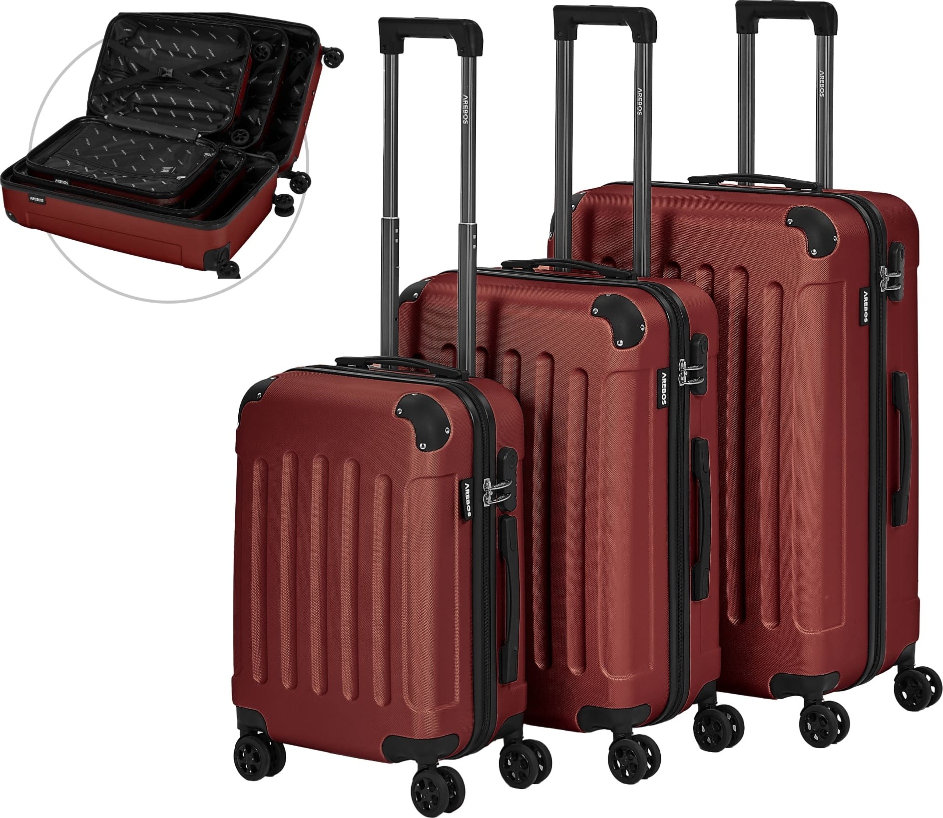 AREBOS® 3tlg.Hartschalenkofferset I ABS I Reisekoffer mit Teleskopgriff I Inkl. Reißverschluss-Schloss,360° Rollen I Reisekofferset M-L-XL | Rot AR-HE-RK3R