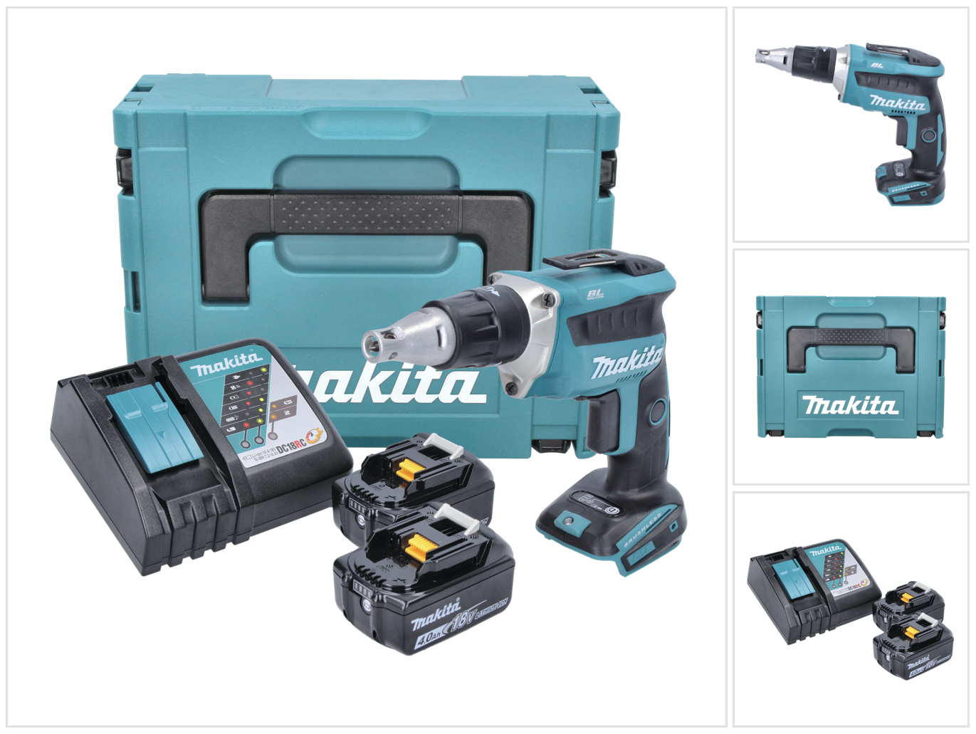 Makita DFS 452 RMJ akumulátorový skrutkovač na sadrokartón 18 V bezkartáčový + 2x akumulátor 4,0 Ah + nabíjačka + Makpac